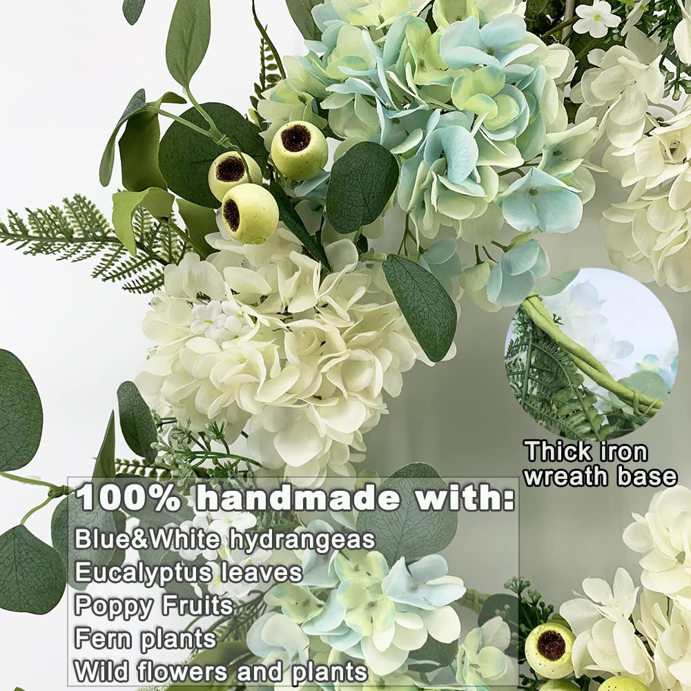 Floralies Handmade Hydrangea Wreath 20 Inches Blue White Artificial Spring Summer Farmhouse Floral Flower Wreath for Front Door All Seasons Year Round Wreath Wedding Home Decor
