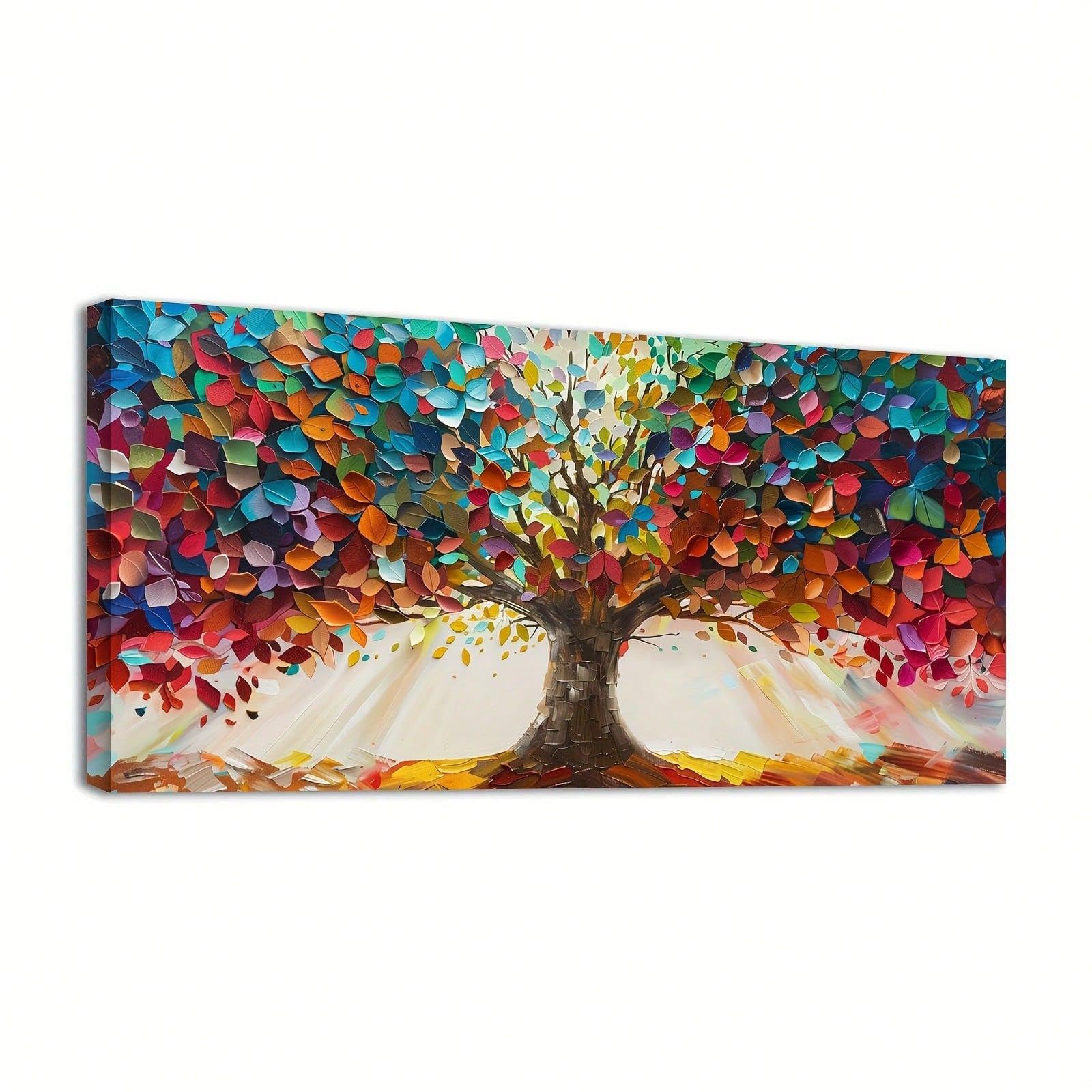 Canvas Wall Art Large Tree Of Life Canvas Painting Colorful Leaf Pattern Framed Artwork Landscape Wall Decor For Bedroom 70x140cm(28x55in) Withframe