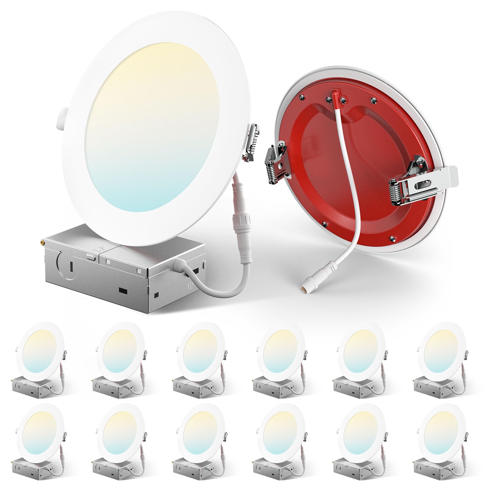 Amico 12 Pack 6 Inch Fire Rated LED Recessed Light with Junction Box, 2 Hour Fire Rating, 5CCT Selectable Ultra-Thin Ceiling Light, 1400LM, Dimmable