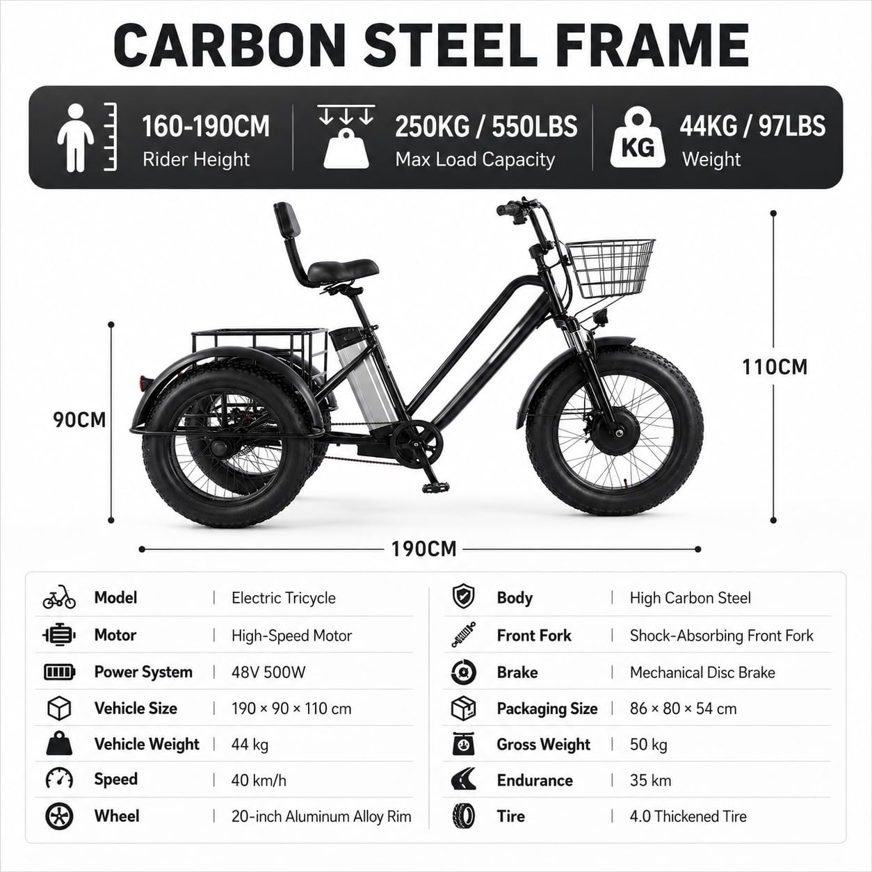 Vélo Cargo Électrique, Tricycle électrique 3 Roues pour Adultes, Pneus Larges 20'', Batterie Amovible 48V/12Ah, Autonomie 35Km, Charge Maximale 200Kg