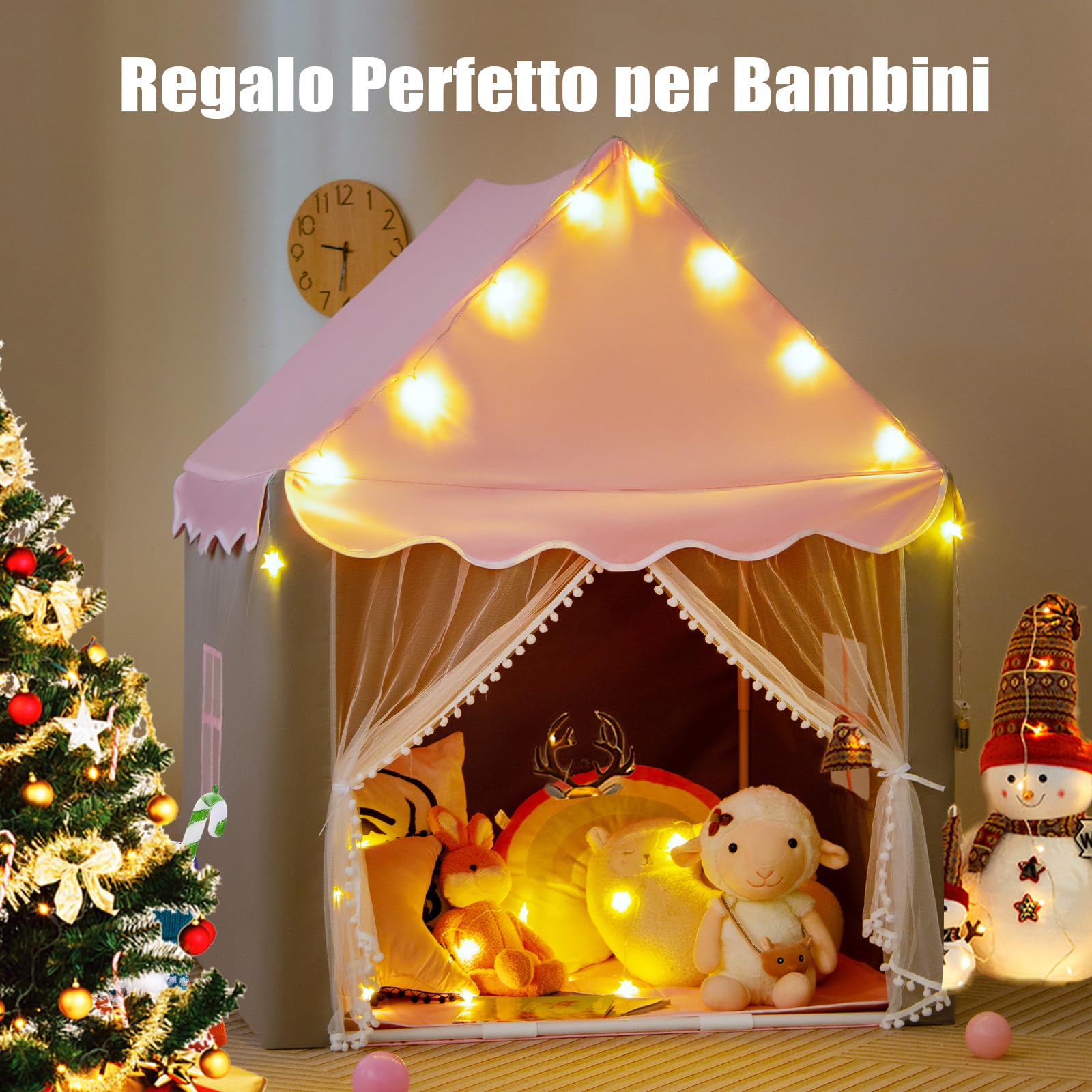 COSTWAY Tenda da Gioco per Bambini, Tenda Castello con Tappetino Lavabile, Luci a Forma di Stella, per Interno ed Esterno, 105 x 121 x 136 cm (Stile 2 Rosa)
