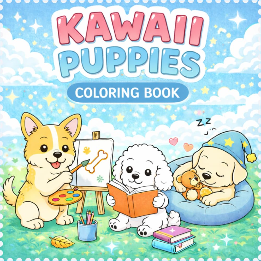 Kawaii Puppies Coloring Book: Simple and Cute Puppy Scenes with Bold Lines for Easy Screen-Free Fun, Stress Relief and Creativity Boost for Kids and Adults (Kawaii Animals Coloring Books)