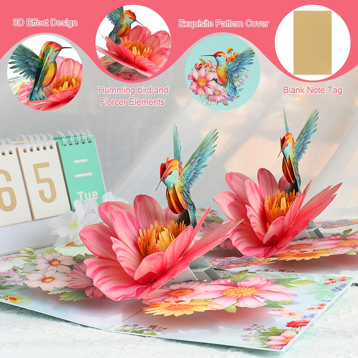 Biglietti di compleanno 3D con colibrì e fiori per mamma, fidanzata e ragazze