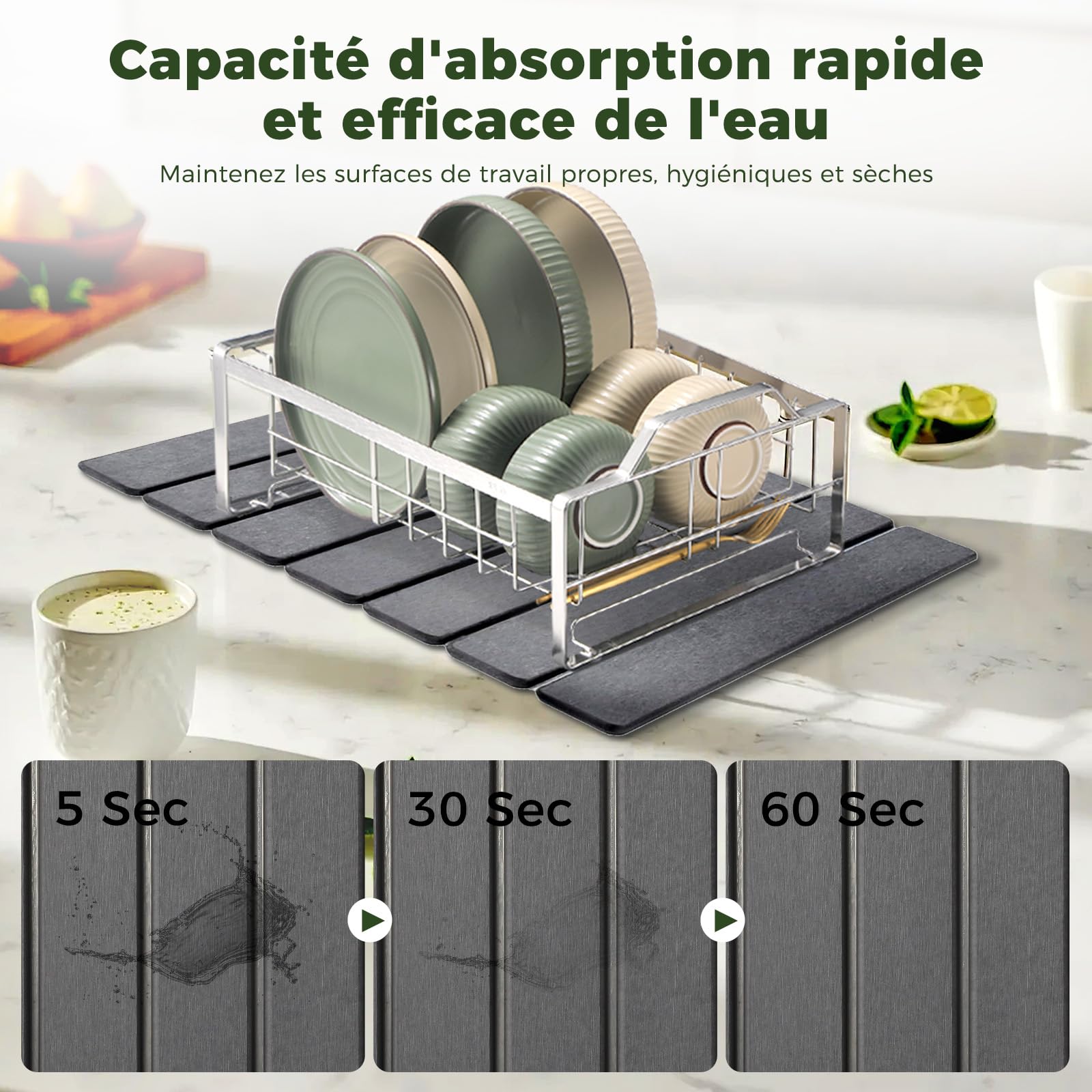 Tapis Égouttoir Vaisselle, Tapis Absorbant Vaisselle Très Absorbant Séchage Rapide Tapis Égouttoir de Diatomées et Tapis Évier Cuisine Égouttoir (Gris Foncé, 40 x 30 cm)