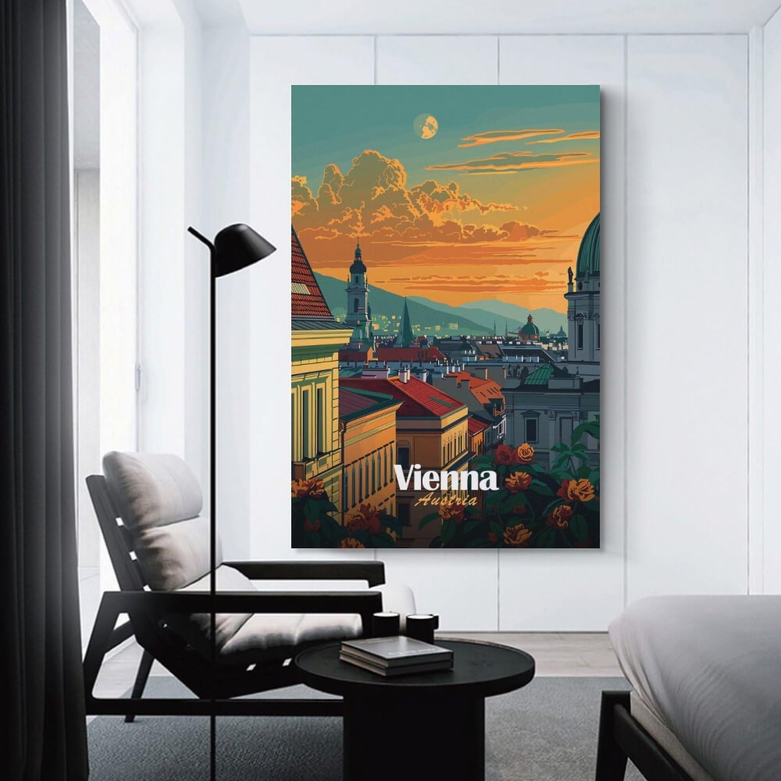 Junmoney Canvas Wall Decor Vienna Cityscape Sunset, 12x18inch(30x45cm), for Bedroom Decor, Cosy Corners Or Studios, Decorative Wall Art for Cosy Rooms