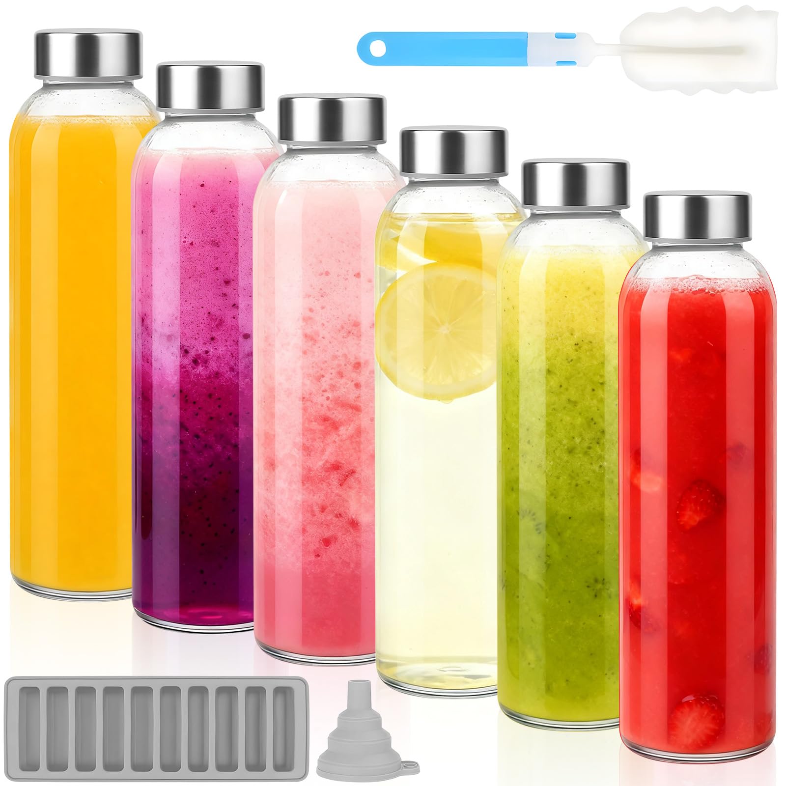 Botella de jugo de vidrio de 6 piezas, botella de agua transparente de 500 ml con tapa sellada de acero inoxidable, cepillo de limpieza, embudo y bandeja para paletas
