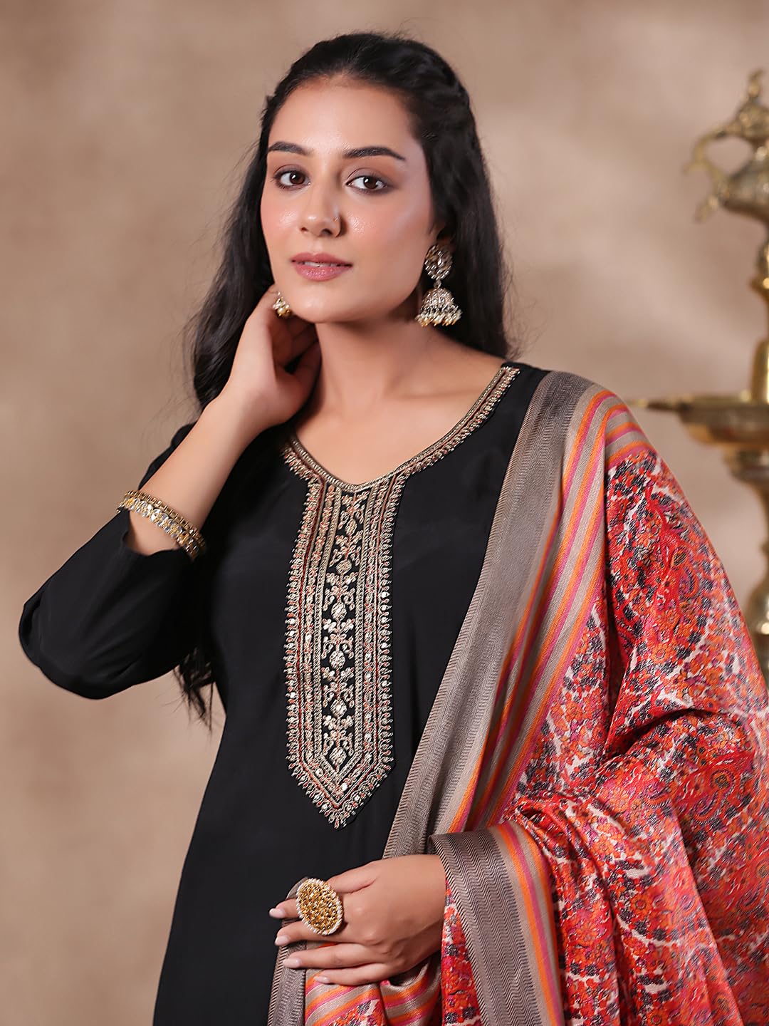 Ishin Women's Poly Silk Yoke Design Zari Work Black Straight Kurta Suit Set With Trousers And Dupatta