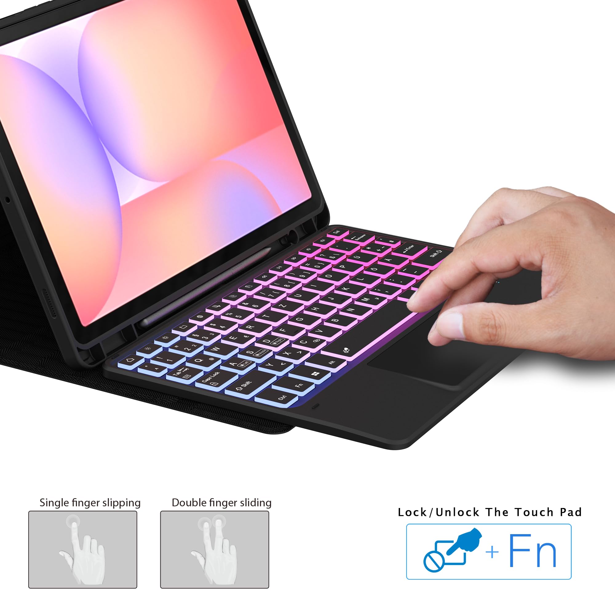 für Samsung Galaxy Tab S10 Lite/S10 FE/S9/S9 FE 10,9 Zoll Hülle mit Tastatur : 3-Zonen-7-Farbige Beleuchtung Tastatur mit Touchpad, Abnehmbar Deutsch QWERTZ-Layout Tastaturen Hülle for Tablet S10 Lite