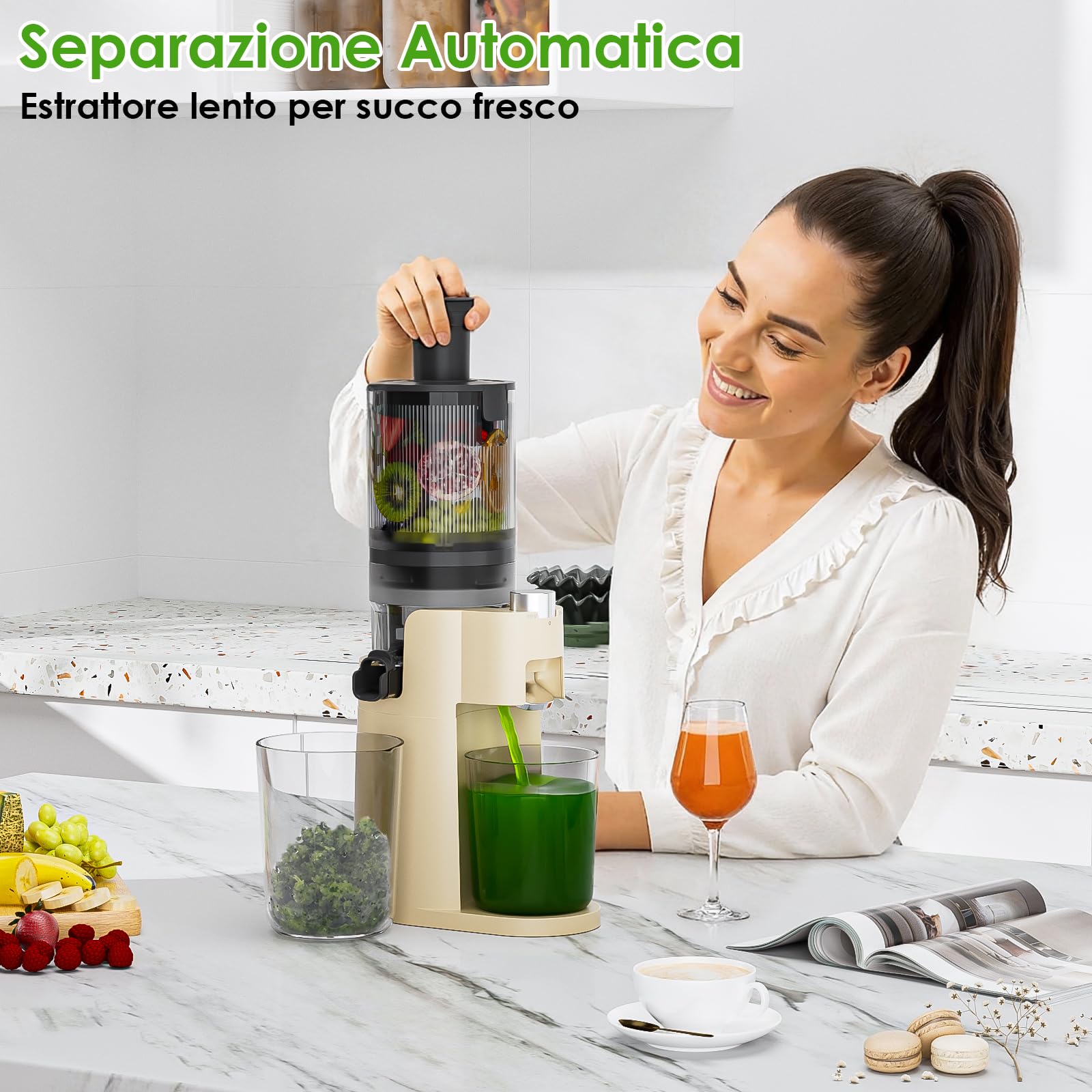 Estrattore di Succo, Slow Juicer 150W, Estrattore Frutta e Verdura, Spremiagrumi con Filtro SUS Resa Massima 40-100 giri/min, BPA Free, Sicurezza Anti-Surriscaldamento con 2 Tazze, Facile da pulire