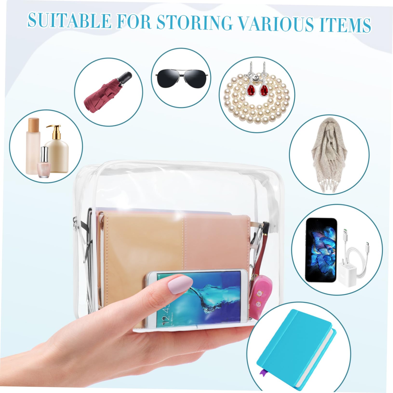 4 pièces Pochette Zippée Transparente PVC Résistante Étanche pour Plage et Voyage pour Téléphone et Accessoires Compatible de Plage