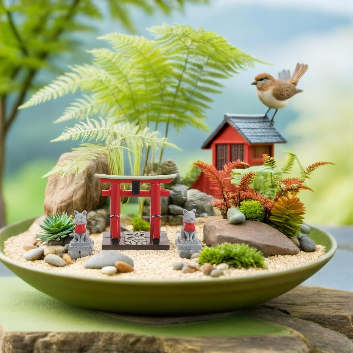 Handmade Miniature Torii Gate Shinto Shrine with Fox Figurine for Garden Moss Micro Landscape Decor Bonsai Desk Supplies