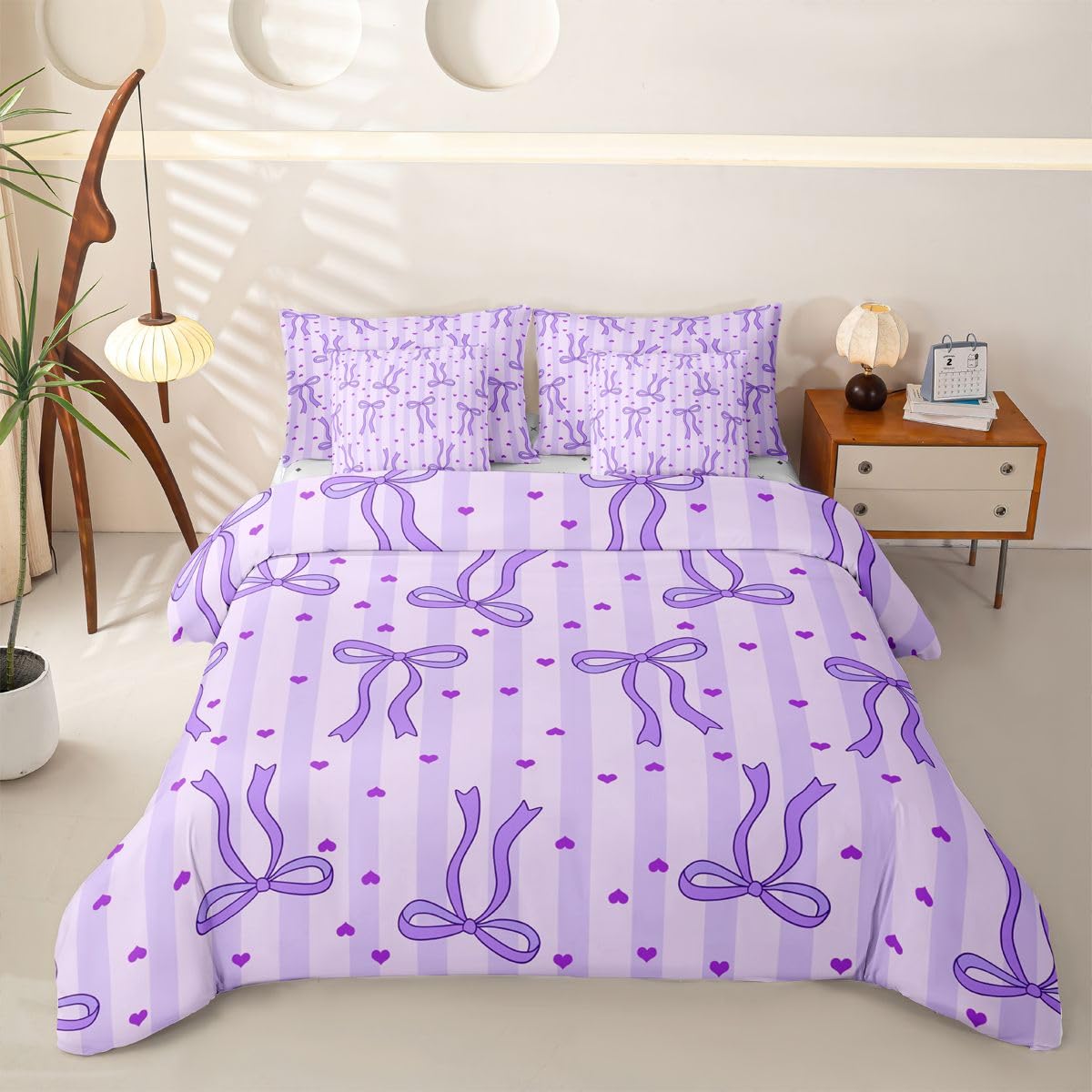 Loussiesd Copripiumino con lenzuola, 7 pezzi, per letto singolo, con grazioso fiocco kawaii, cuori, letto in una borsa, per bambini, ragazzi e ragazze, set di biancheria da letto a righe geometriche