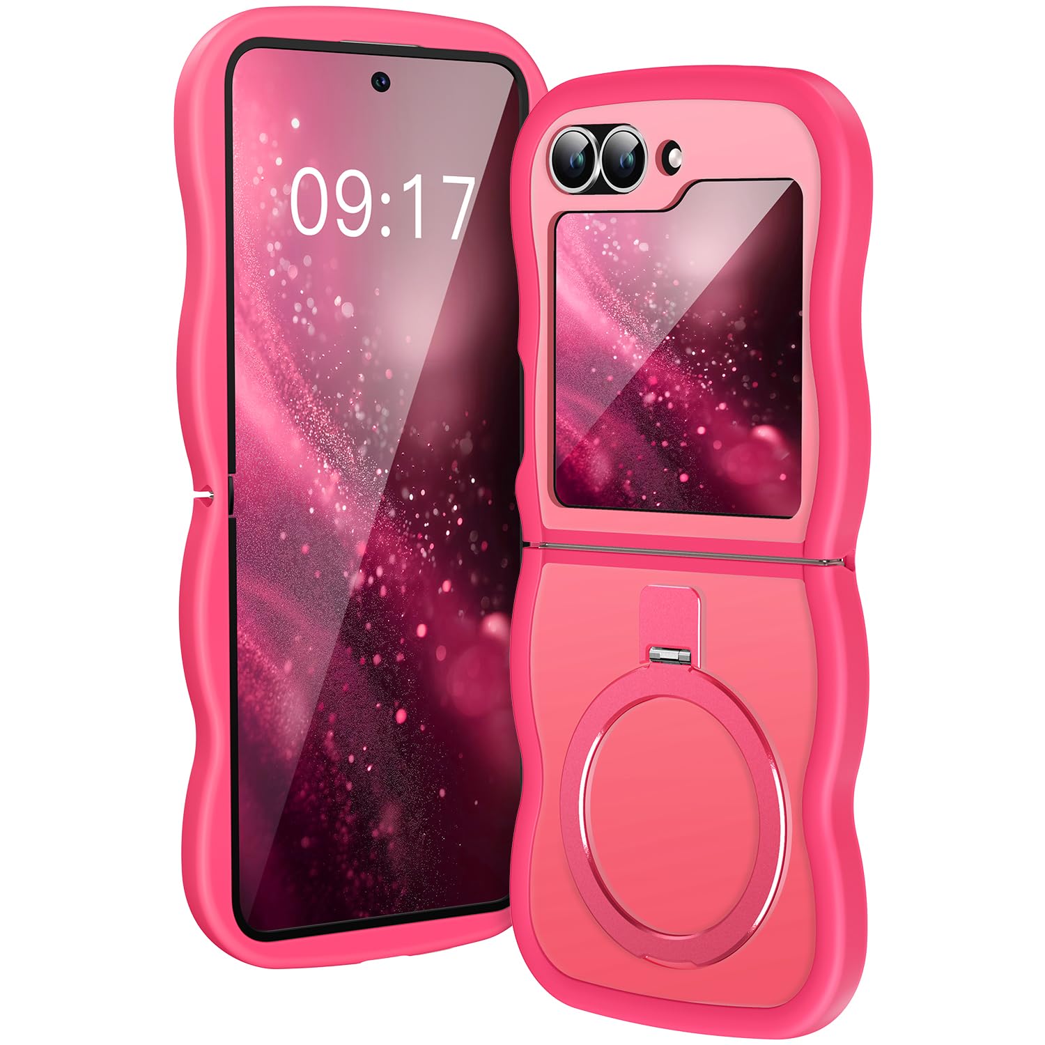 Photo 1 of [Magnetic Stand & Wave Frame] Case for Samsung Galaxy Z Flip 6/5 [Fit for MagSafe] [Military Drop Protective] Anti-Yellowing Translucent Z Flip 6/5 Phone Ring Cover for Women 6.7" Hot Pink