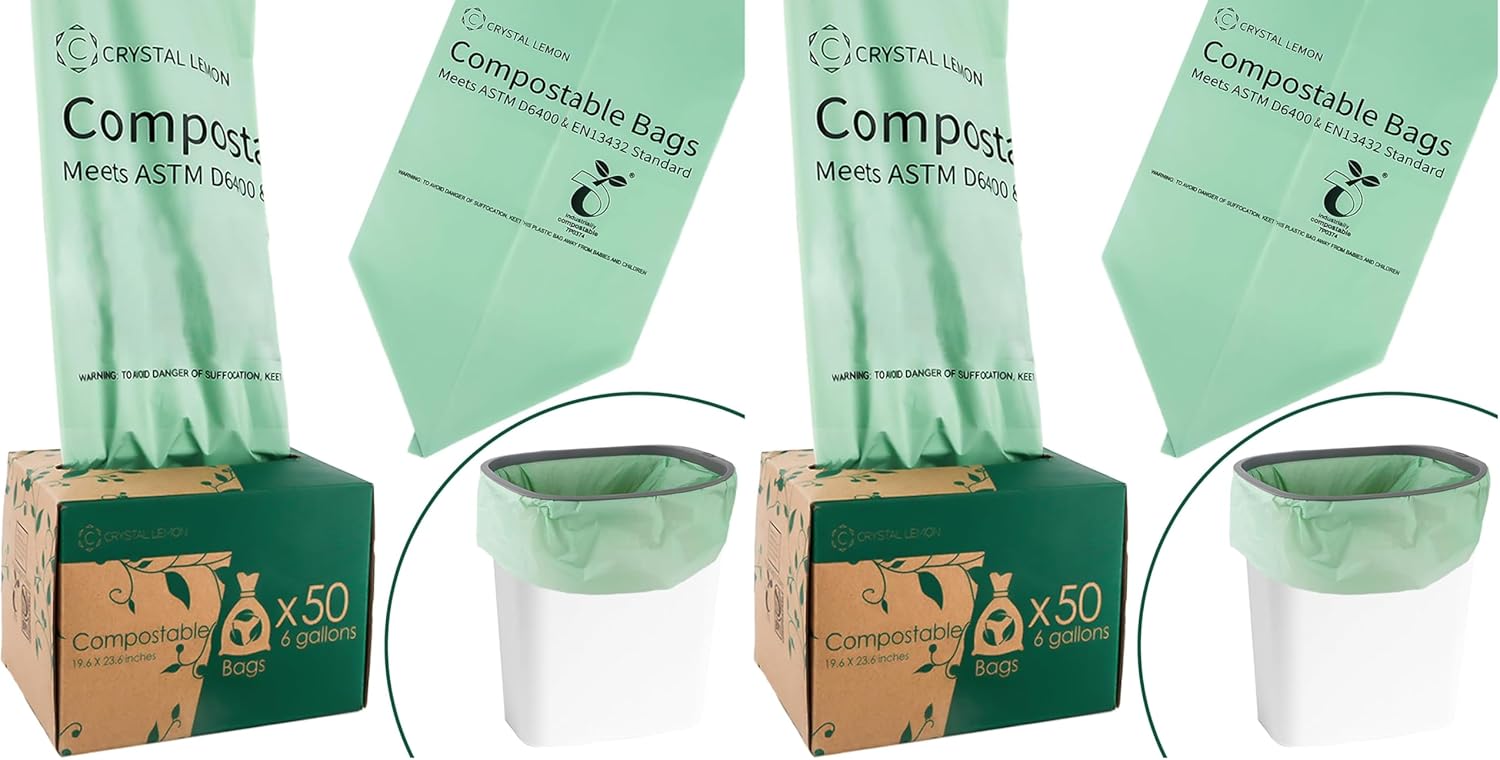 C Crystal Lemon 50 Count Biodegradable Kitchen Food Waste Bags - 6 Gallon Scraps Bags - Heavy Duty Compostable Waste Bags for Kitchen - Unscented Trash Bags 6 Gallon for Yard, Food (Pack of 2)