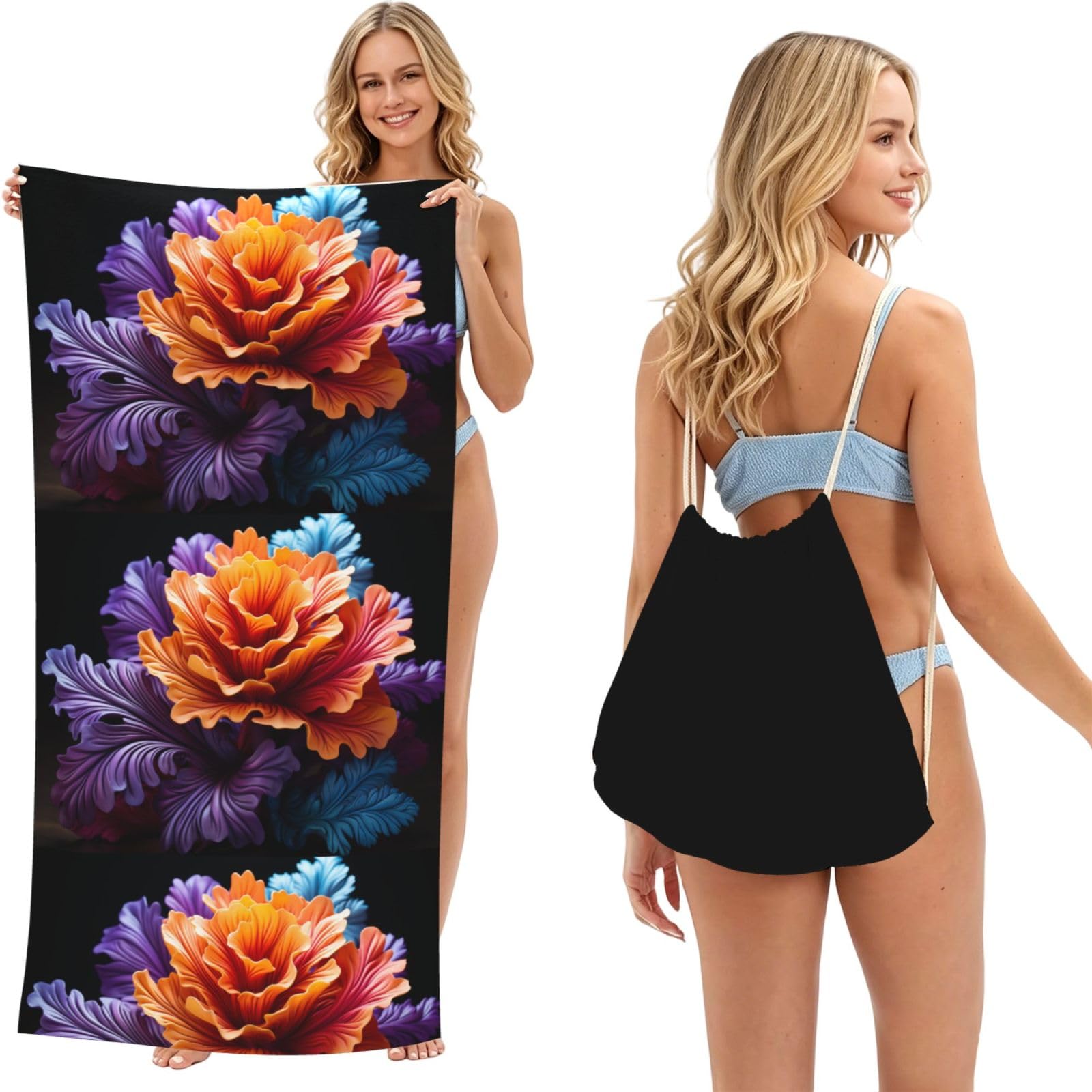 SKGOHLH Coral Flower 2in1 Packable Beach Towel Bag Women