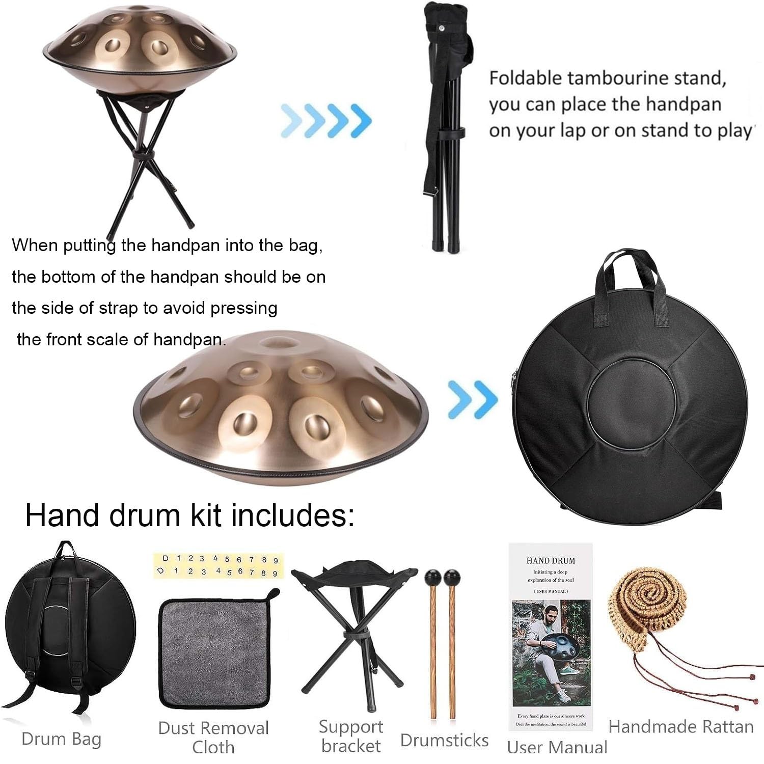 Handpan 440hz 10 Note 56 cm Strumento a Percussione in Acciaio, Professionale Handpan Instrument con Morbida Borsa per il Trasporto, Meditazione Personale, Yoga(Purple,432HZ/12Note)