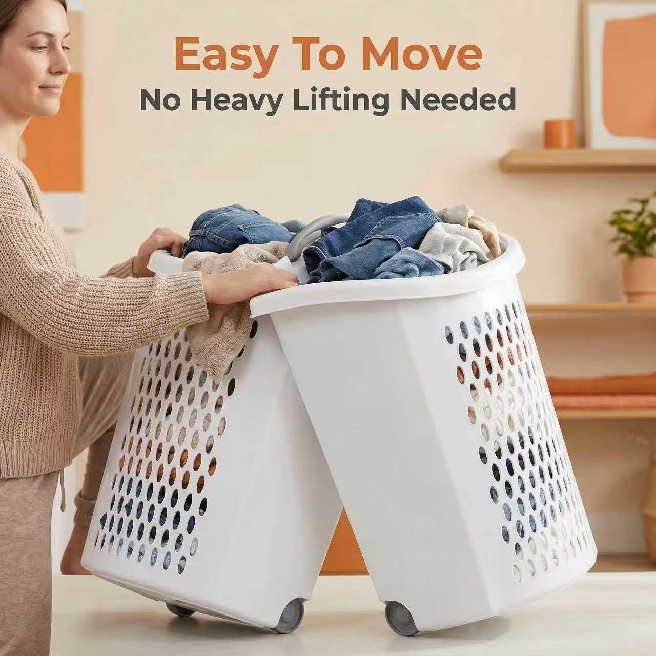 (2 Pack) Ultra Wheeled Hamper - White Plastic Laundry Hamper with Retractable Handle & Smooth Wheels, 2 Bushel Capacity for Dorms/Apartments/Family