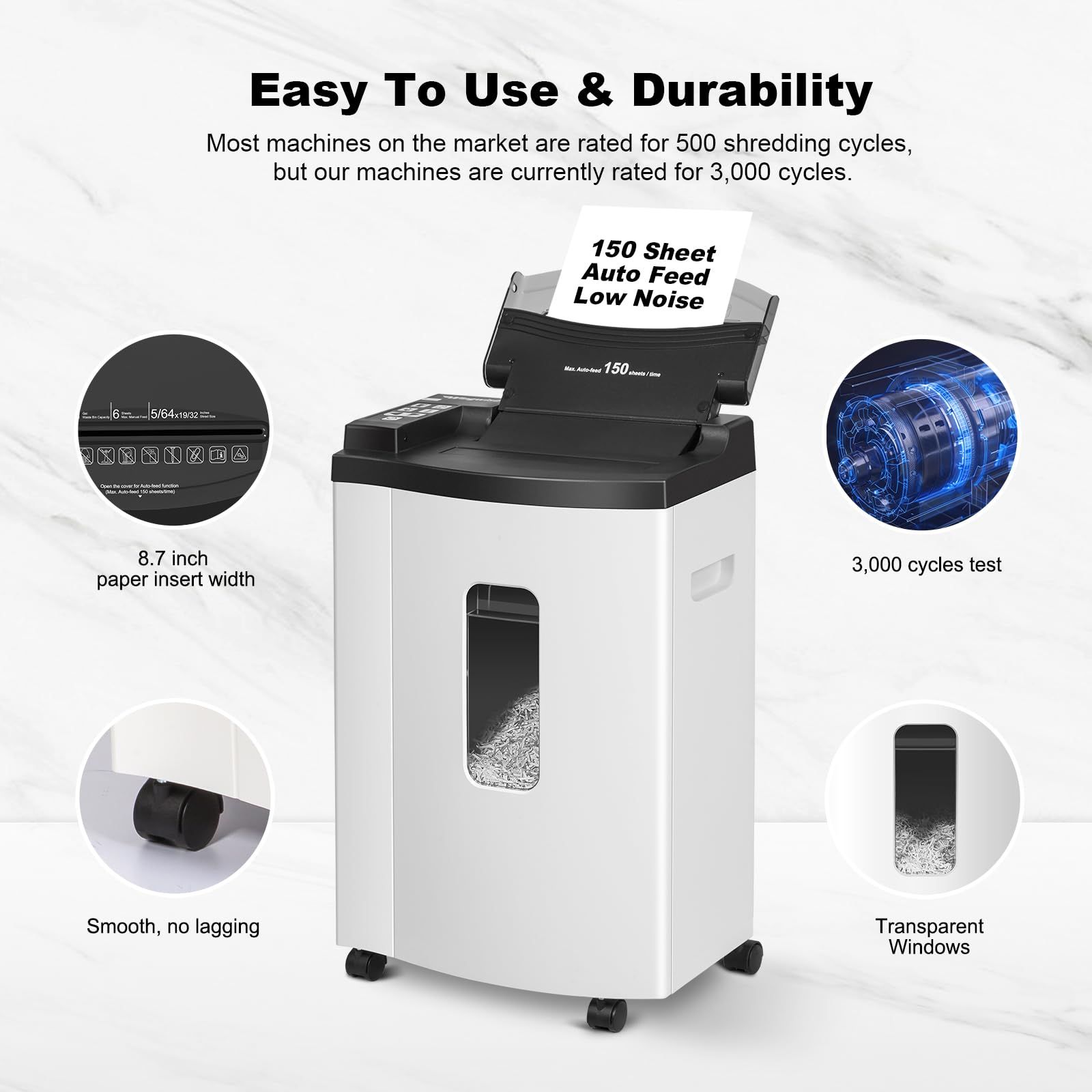 Wingwise Trituradora de papel de alimentación automática de 150 hojas, micro corte P-5 de alta seguridad (5/64 x 19/32 pulgadas), contenedor grande de 6 galones, funcionamiento continuo de 40 minutos