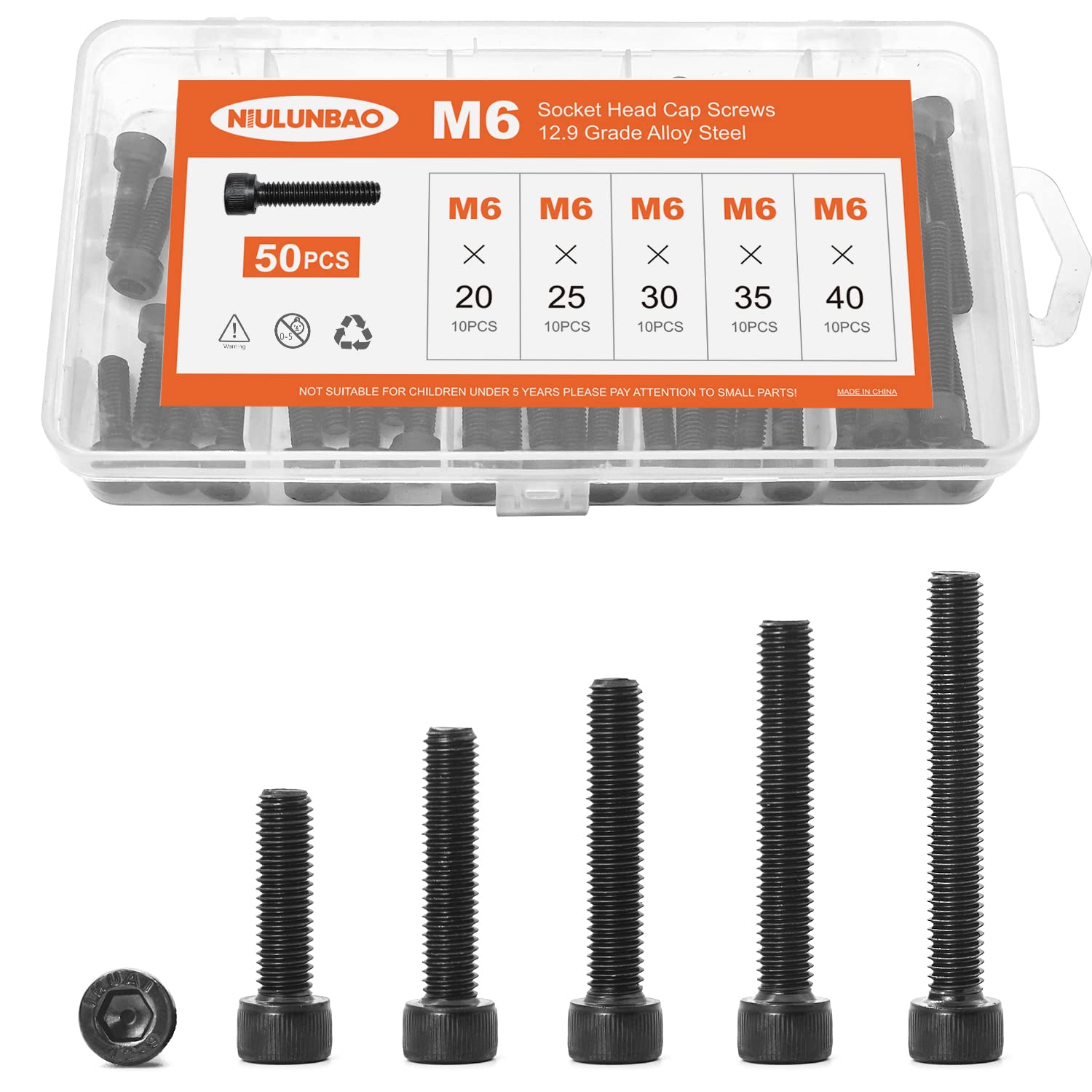 NIULUNBAO M6 x 20mm 25mm 30mm 35mm 40mm Hex Socket Head Cap Screws Bolts 12.9 Grade Alloy Steel, Black Oxide Finish, Metric Allen Hex Drive, Machine