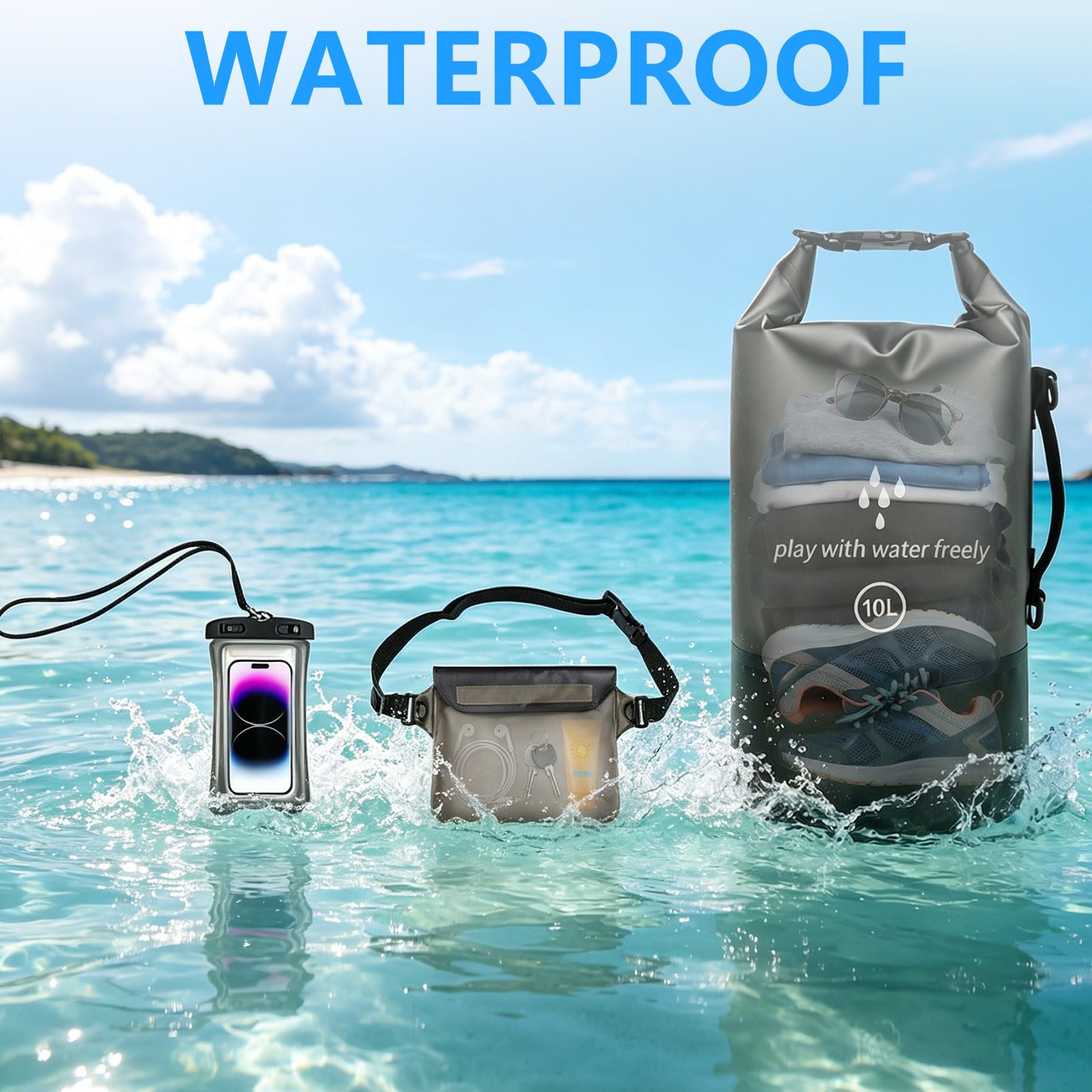 Dry Bag 10L Sacca Impermeabile con Marsupio e Custodia per Telefono Sacca Stagna Borsa Impermeabile per Barche Kayak SUP Sport Acquatici e Camping - Nero