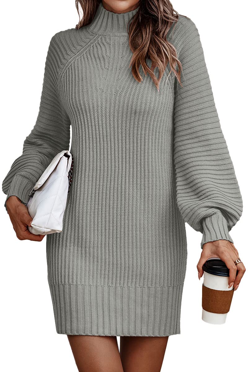 LILLUSORY Women's Mock Neck Pullover Sweater Dress Lantern Sleeve Ribbed Knit Tunic Sweater