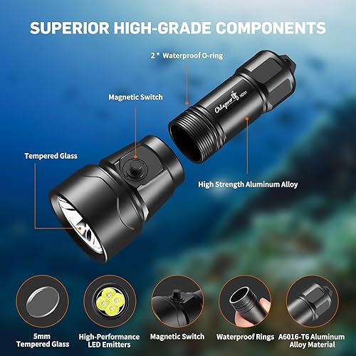 Miniatura 3 de Odepro ND51 - Luces de buceo superbrillantes de 2500 lúmenes, 4 modos, antorcha de buceo con interruptor lateral, linterna sumergible impermeable