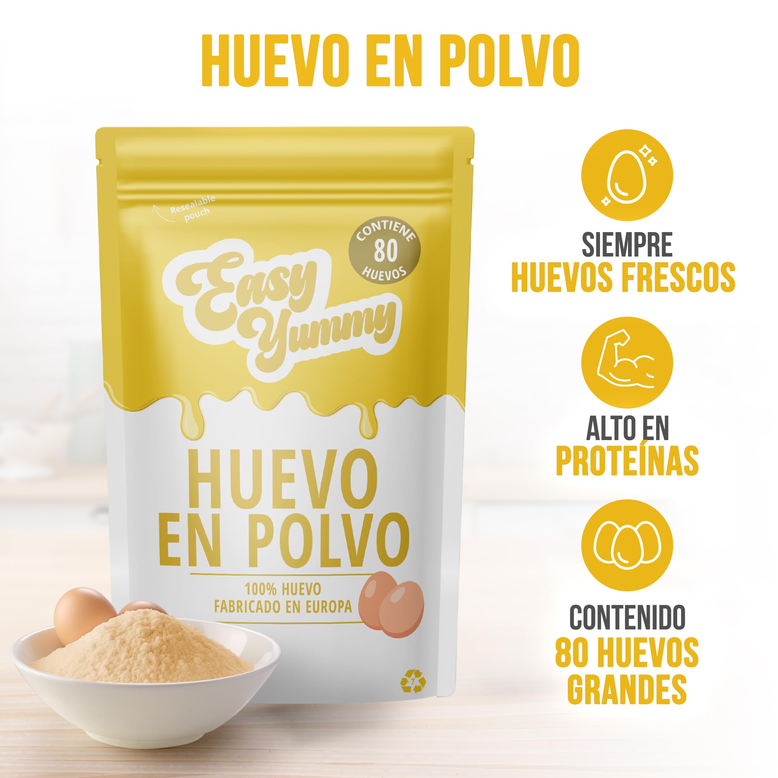 EASY YUMMY - Huevo Entero En Polvo (1 Kg), Ideal Para Huevos Revueltos, Cocinar Y Hornear, 100% Huevo En Polvo