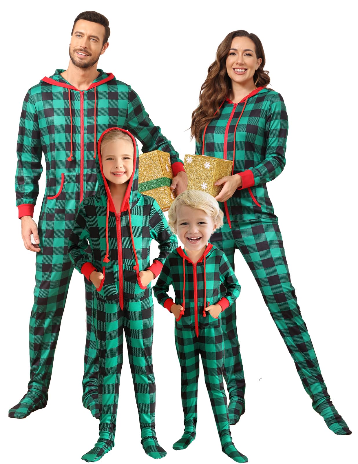 Veseacky Christmas Pajamas for Family Matching Sets Adult Onesie Zipper Hooded Footed One-Piece Pjs Jumpsuits