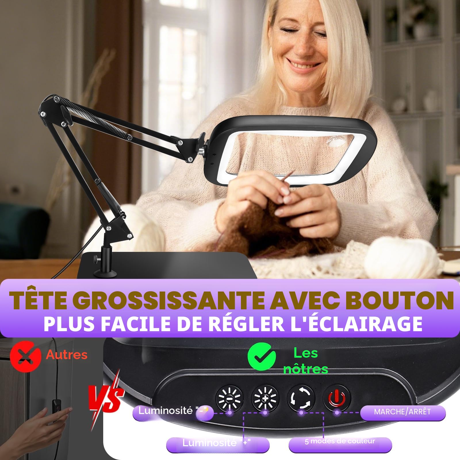 Loupe avec Lumière 60 LED 5 Modes de Couleur Mains Libres pour Lecture, Artisanat