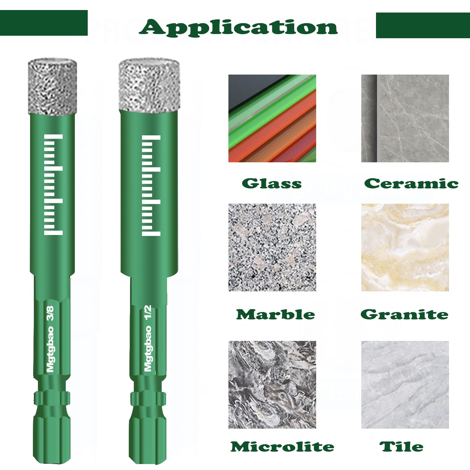 Juego de 10 brocas de diamante seco verde, broca para azulejos de granito, mármol, cerámica, piedra, vidrio, diamante, sierra perforadora, kit con tamaño 3/16, 1/4, 5/16, 3/8, 1/2