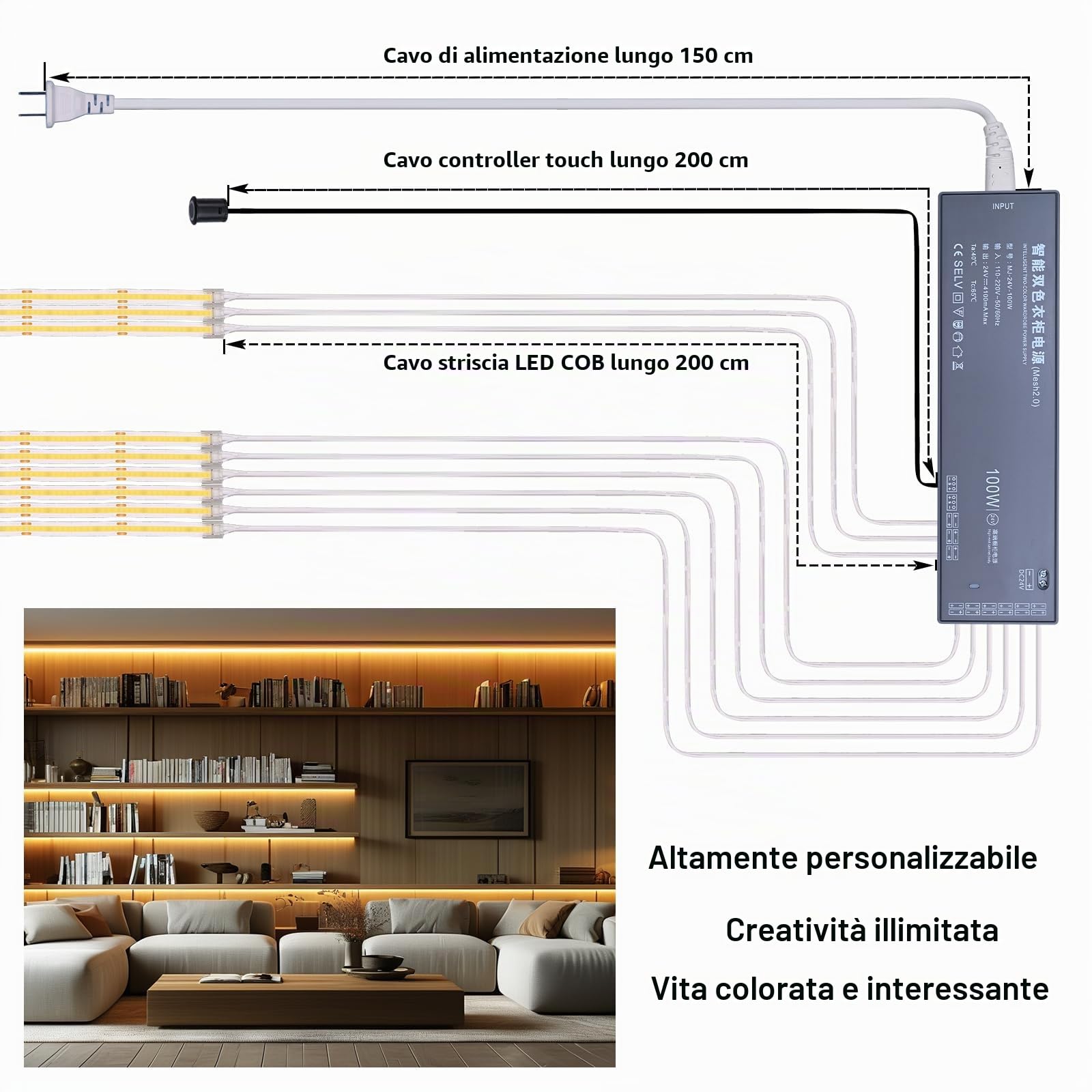 BENLUN Striscia LED COB CCT Sottopensile Cucina 24V 10 Metri, 2700K-6500K Bianca Strisce LED Dimmerabile, Tagliabile CRI 93 8,5W/M con Dimmer e Alimentazione per Camera da Letto, Stanza