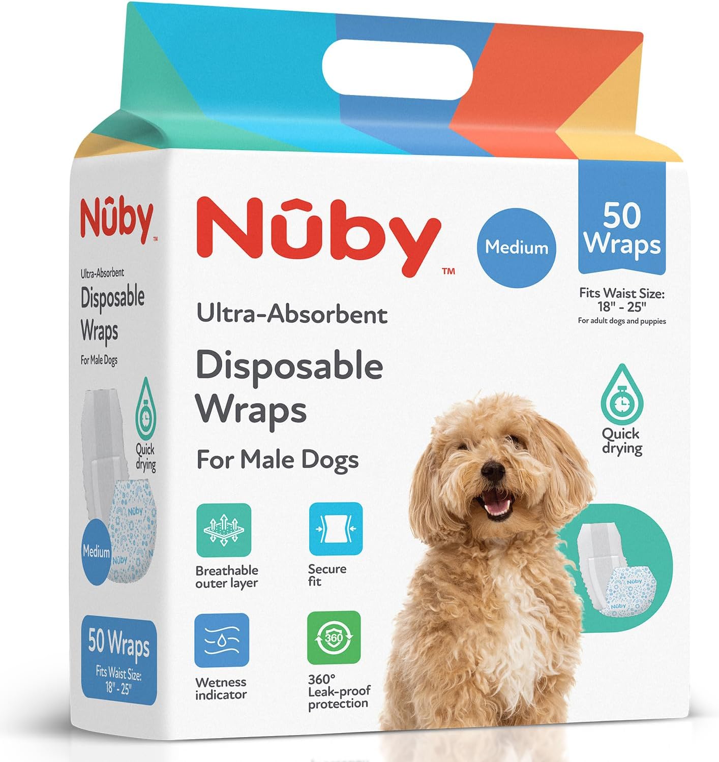 Nuby Pets Disposable Male Dog Wraps with Wetness Indicator, Absorbent & Leak-Resistant Belly Bands for Male Dogs, Medium (18–25” Waist), 50 Count