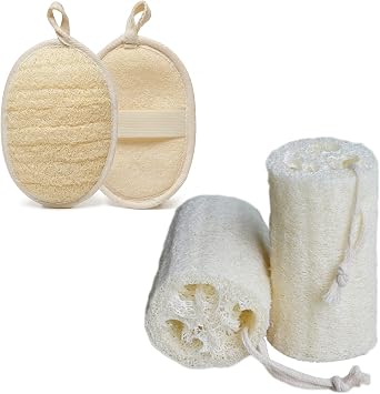Natural Loofah Sponge Exfoliating Body Scrubber Exfoliating Loofah Pad for Shower,Dishwashing Loofah 2 Pack Sponge +2 Pack Pads