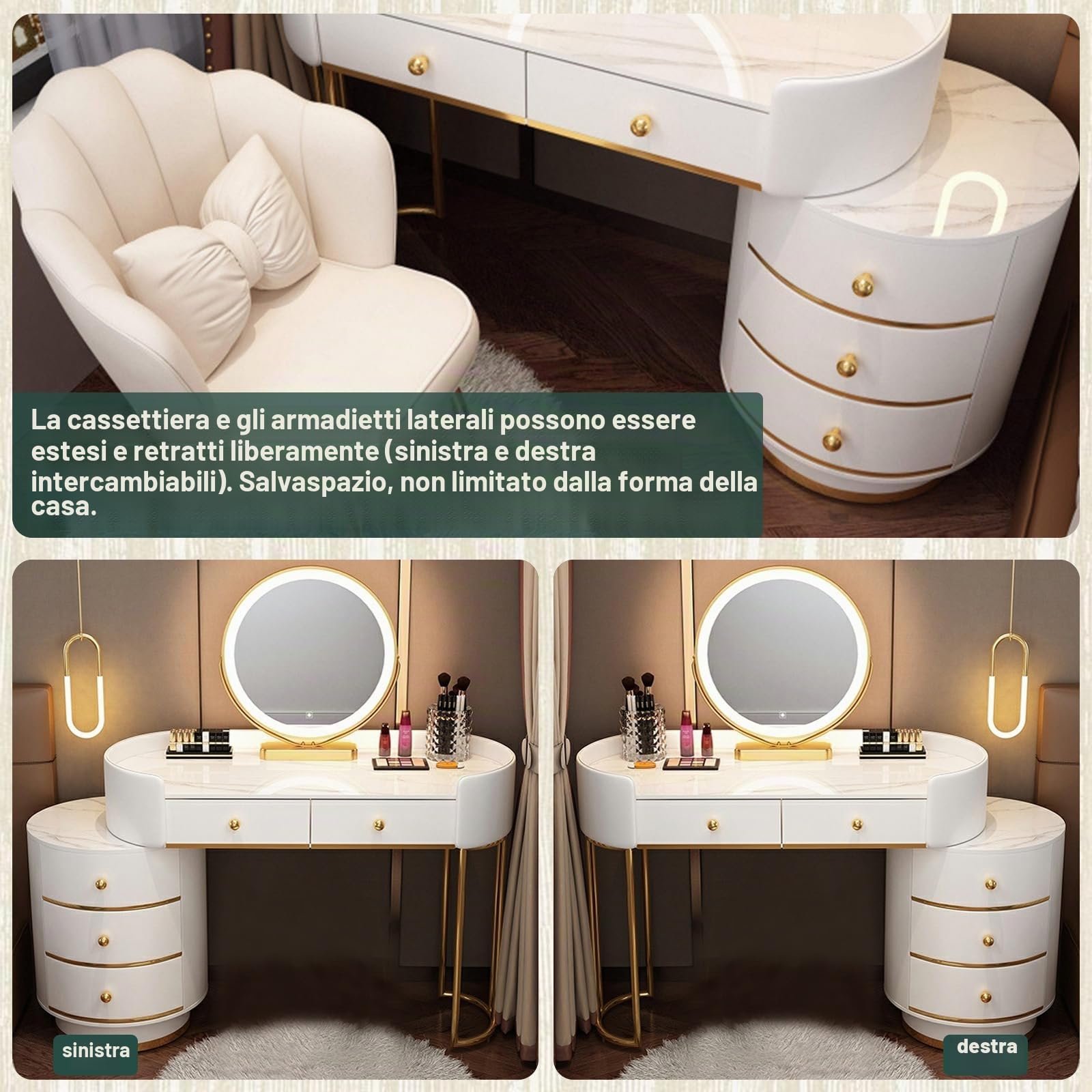 Postazione Trucco con Luci e Specchio, 3 Modalità Colore e Luminosità Regolabile, Toeletta da Trucco con 6 Cassetti in Legno, Sedia in Velluto per Donne, 80/100 * 40 * 78 CM