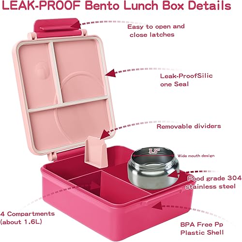 Miniatura 2 de Lonchera Bento para niños  Lonchera aislada con termo de 8 onzas, recipientes de almuerzo a prueba de fugas con 4 compartimentos y 2 zonas de