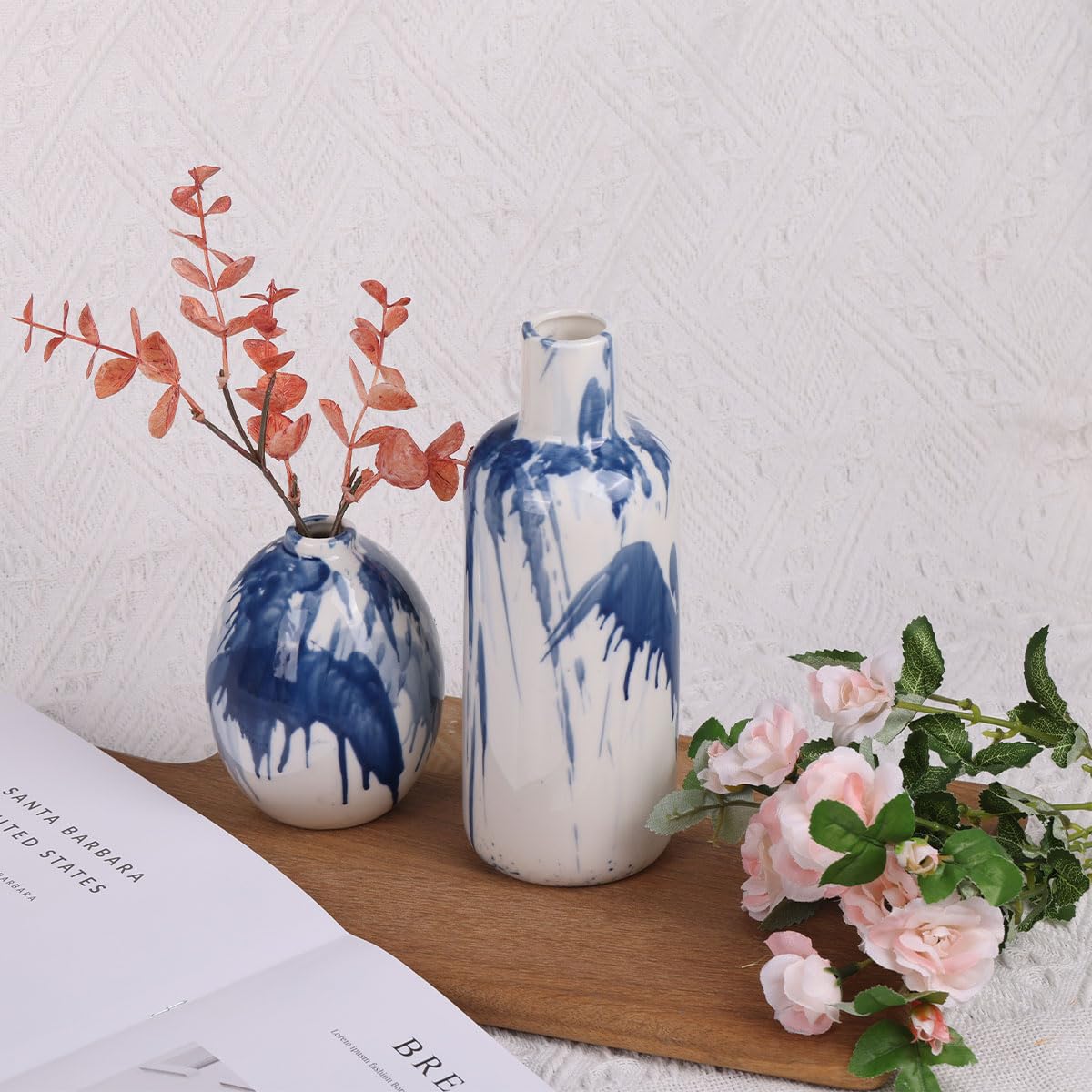 Set di 5 vasi in ceramica blu e bianca - Vasi decorativi moderni in stile rustico blu navy per casa, ufficio, soggiorno, centrotavola per decorazioni da tavola per mensole e accenti per caminetto