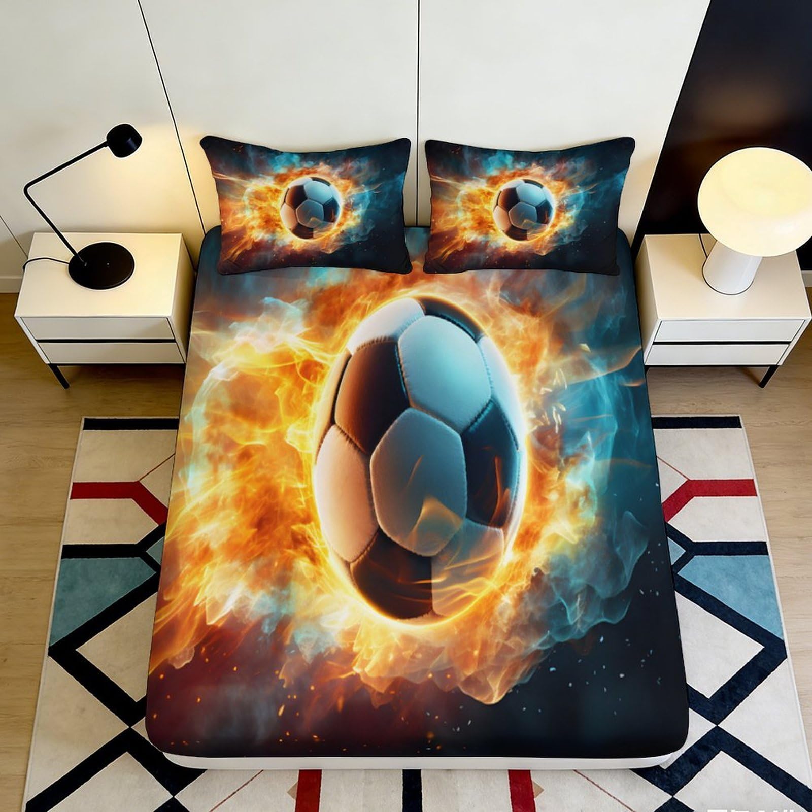 Pnayamiorkfel Style-8 3D Printed Flaming Soccer Fitted Sheet Microfiber Soft Breathable Football Mattress Cover For Bedroom Dorm Decor 90X200x25cm