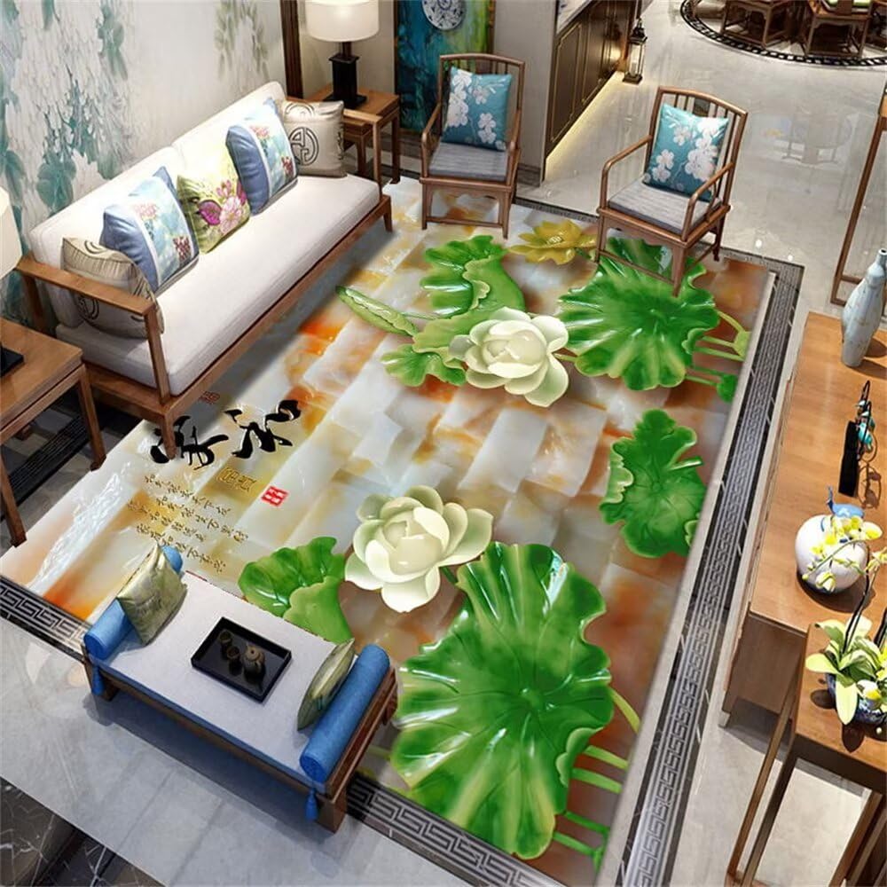 Tapis chambre enfant et séjour vert floral résistant