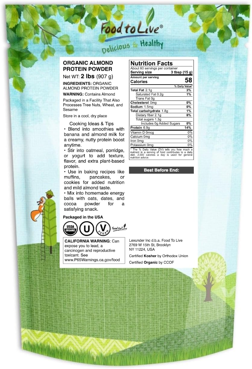Food to Live Organic Almond Protein Powder, 2 Pound – Single Ingredient, Non-GMO, No Added Sugar, Vegan, Kosher, Bulk