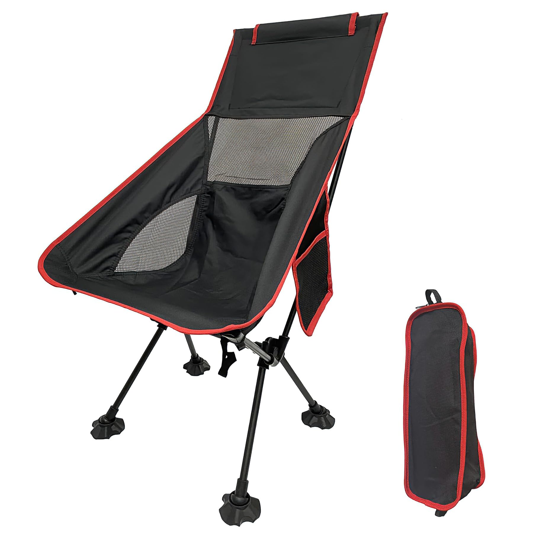 Folding camping chair, quick assembly, with headrest, side pockets, and storage bag; 300 lb load capacity; lightweight and portable for outdoor hiking, travel, BBQ, and fishing (red and black)