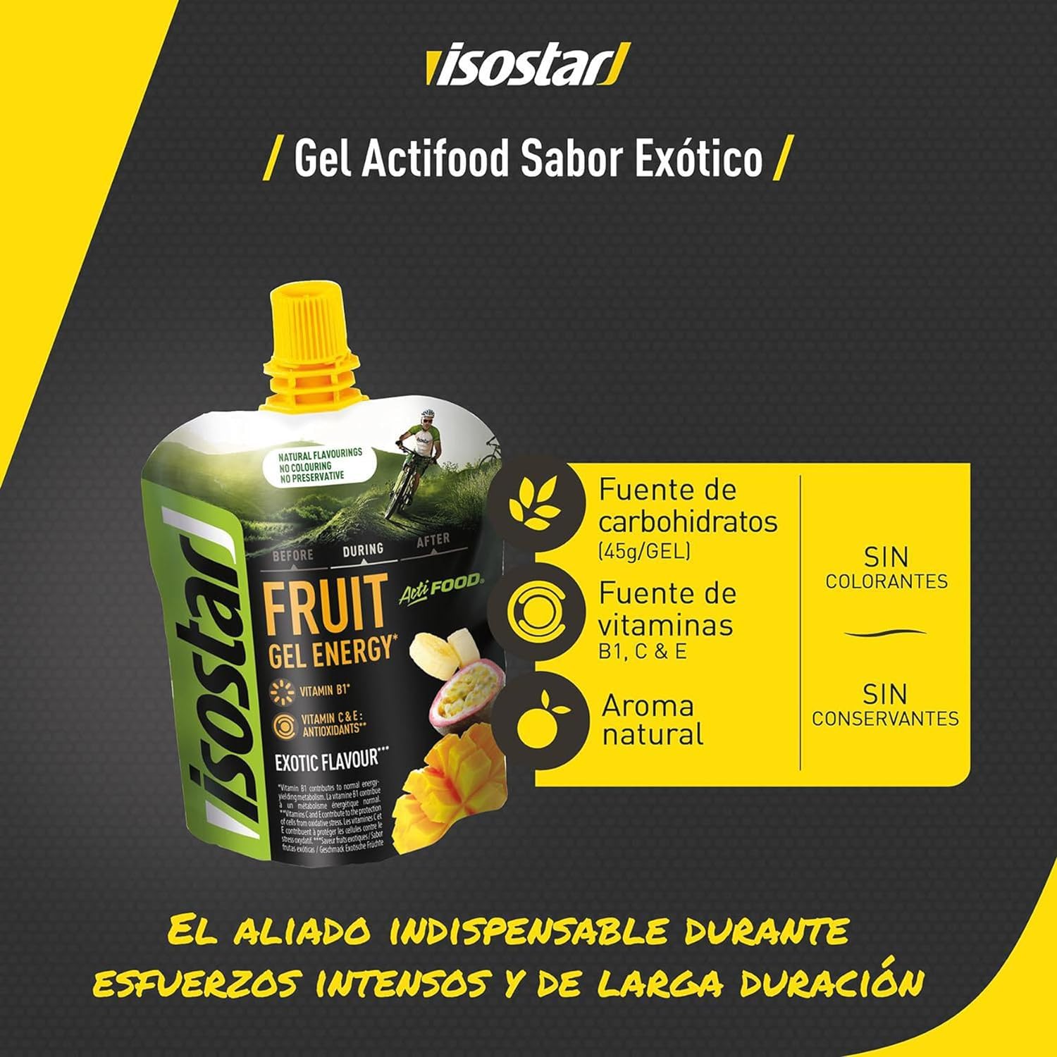 Isostar Actifood Gel Energético, Rico en Vitaminas C, E y Fuente de Vitamina B1, Sabor Exotic, 90g, 24 unidades