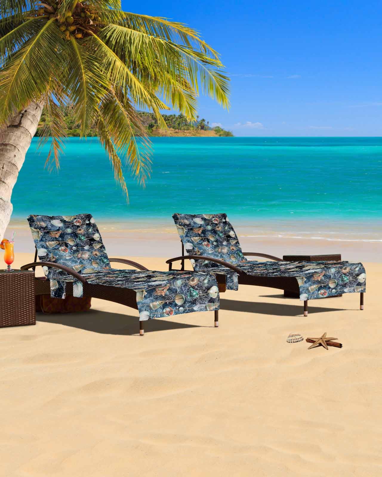 Nautical Conch Shells Beach Chair Cover with Side Pockets, Microfiber & Quick Dry Pool Chaise Lounge Chair Towels Covers for Sun Sunbathing Patio Garden Hotel, Vintage Summer Beach Navy Blue