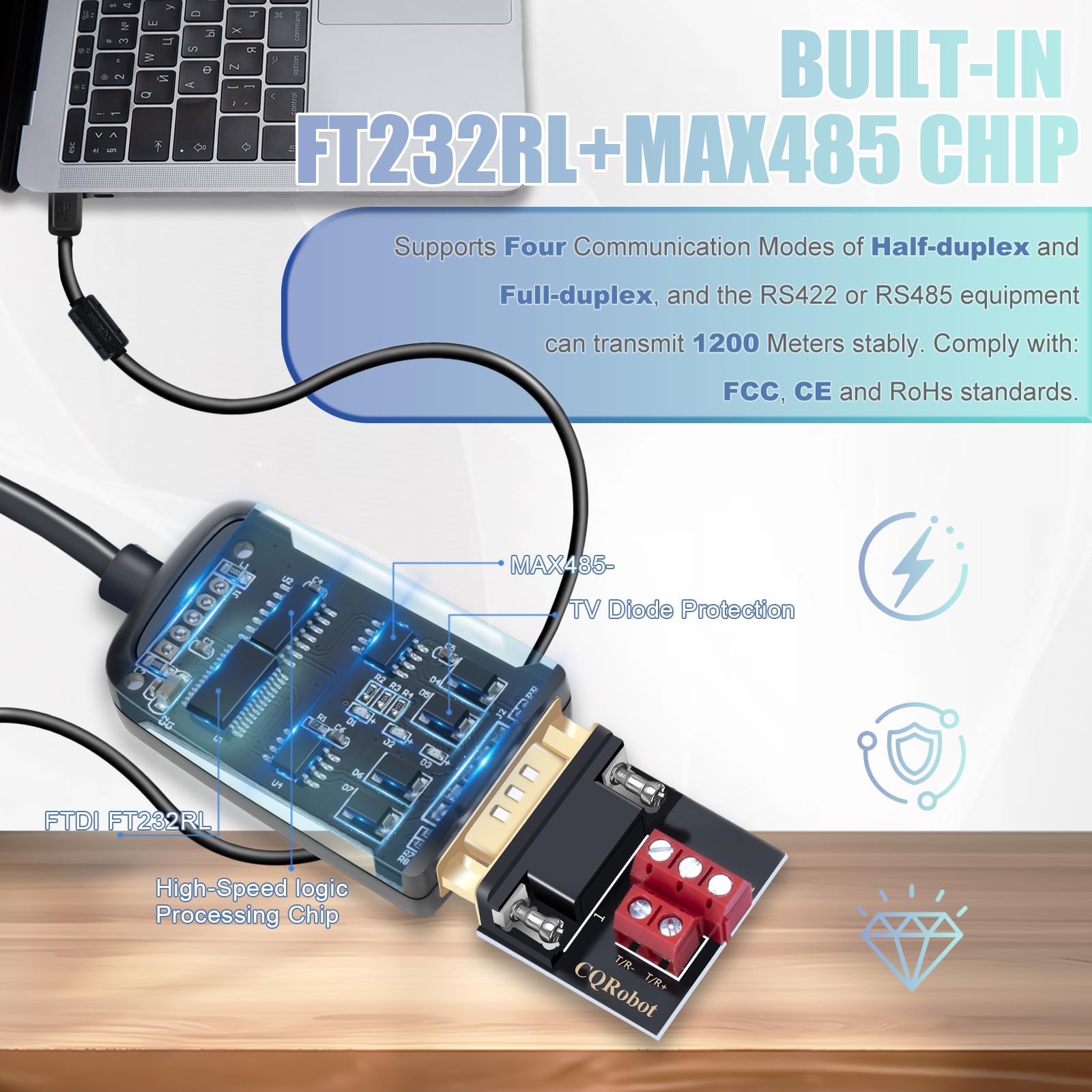 CQRobot 7,2 Piedi USB a RS422 o RS485 Porta Seriale Convertitore Adattatore Cavo Con Chip FTDI FT232. Supporta Windows 10 8 7 XP Mac. 600W-SPD, 15KV-ESD, Controllo Automatico I/O, Supporto 32 Nodi.