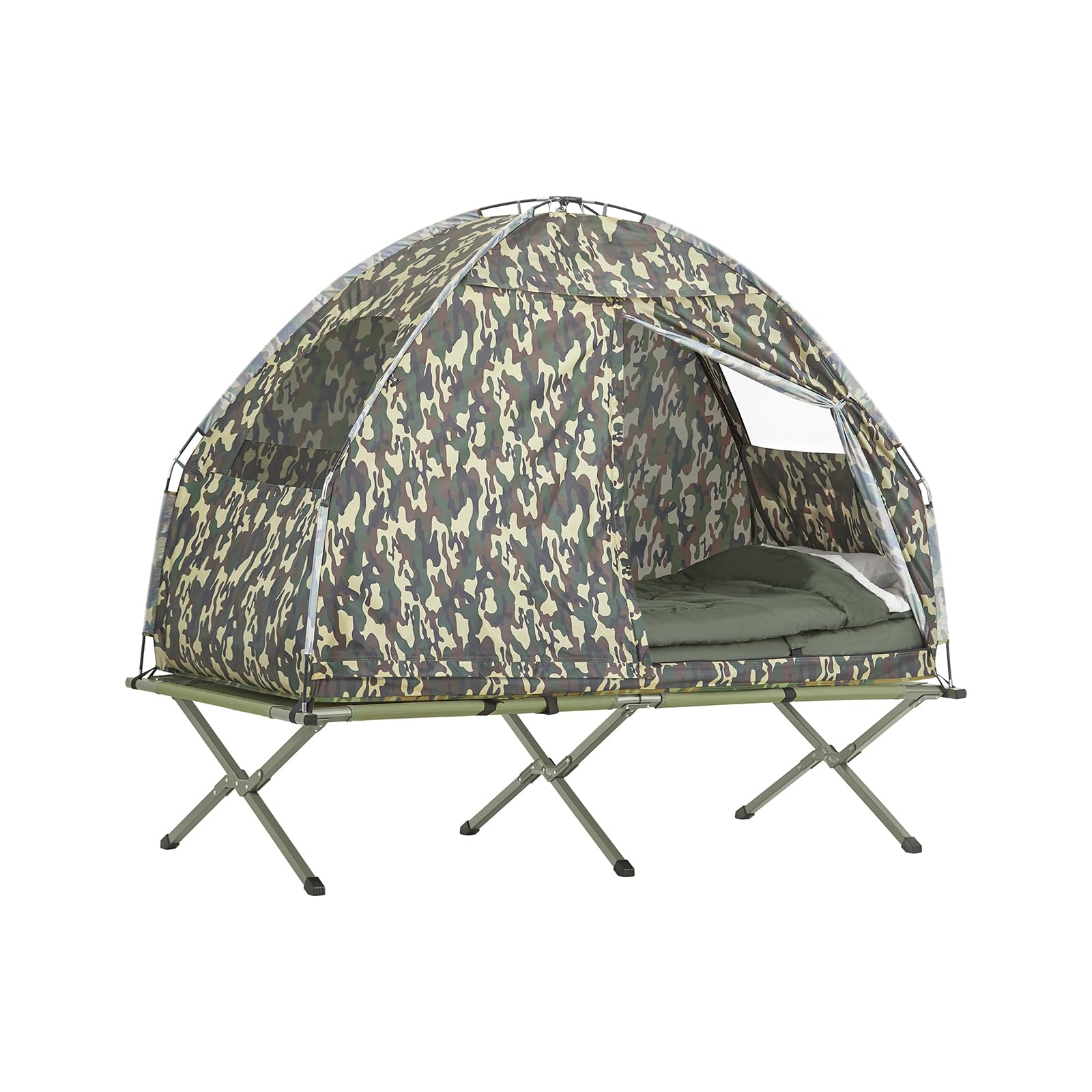 SoBuy faltbar Survival-Zelt Feldbett mit Zelt Feldbett 4 in1 Camping Set mit Schlafsack Wurfzelt Matratze und Zubehör Zelt 1 Person 1 Mann Zelt Outdoor Tarnfarbe BHT ca. 193x160x86cm OGS32-TN