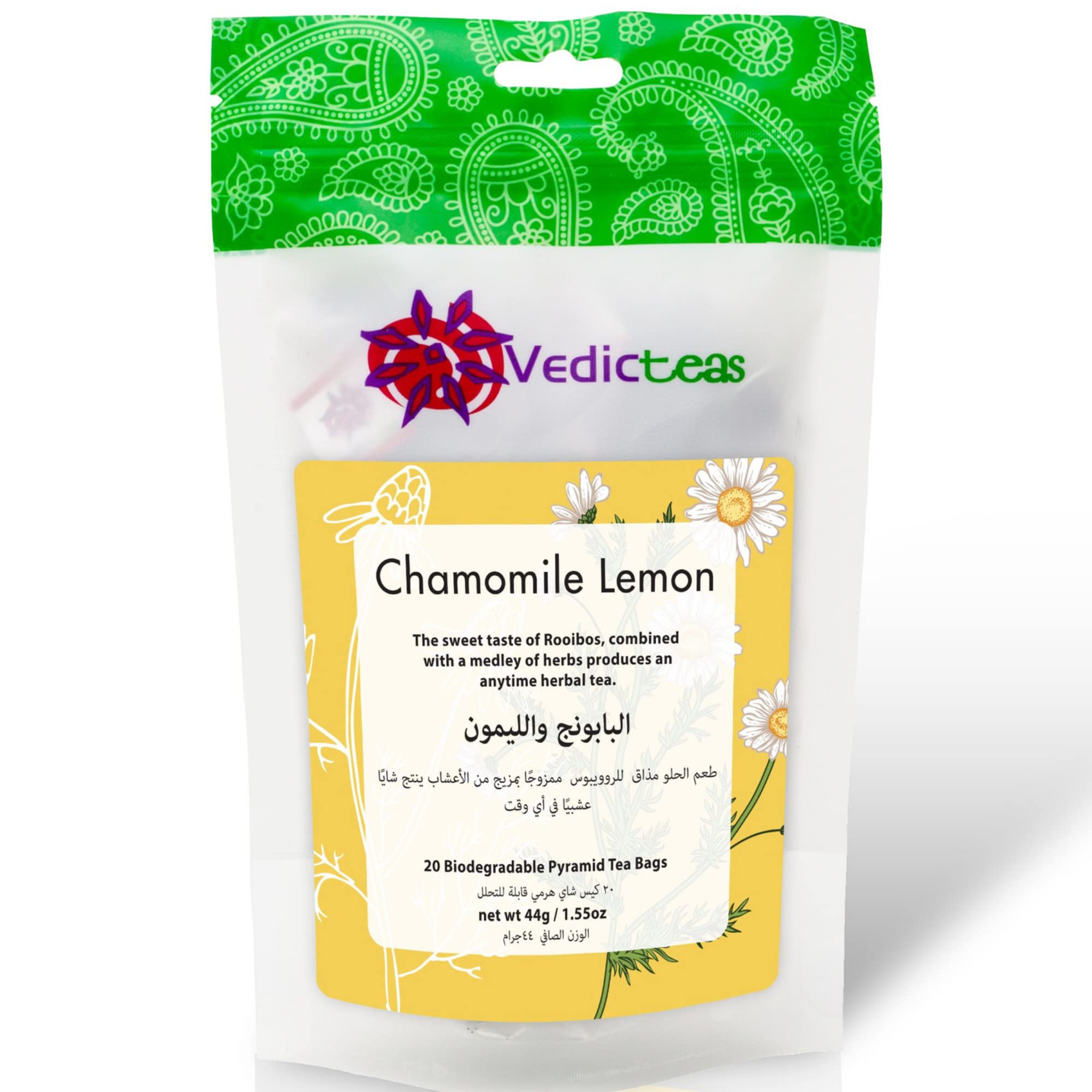 Vedic Teas Chamomile Lemon Tea, 20 Pyramid Tea Bags with Rooibos and Lemon Verbena