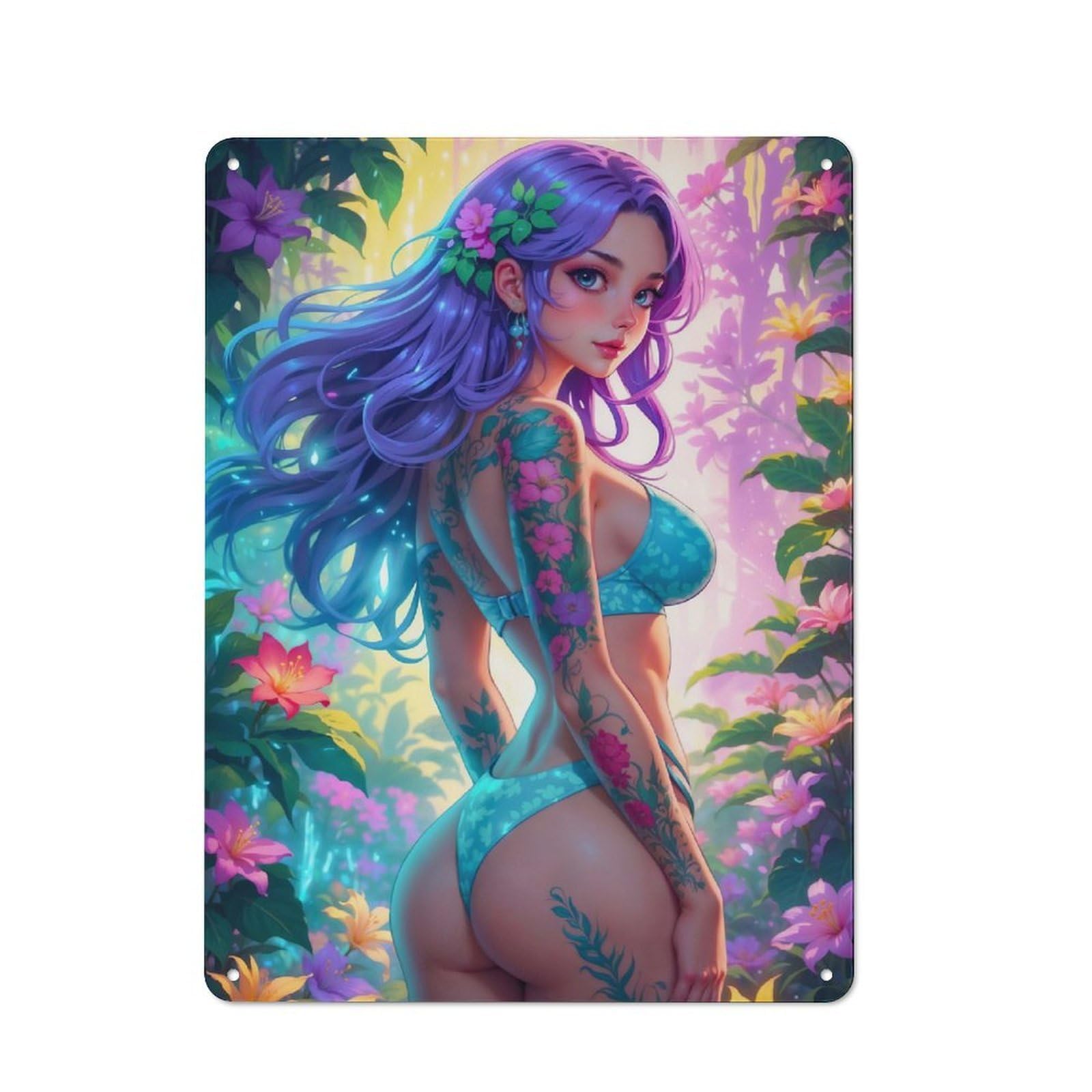 Junmoney Girls Style-22 Anime Tattoo Retro Metal Wall Decor 40X30cm, Retro Metal Sign For Garage, Hobby Room, Office Or Man Cave