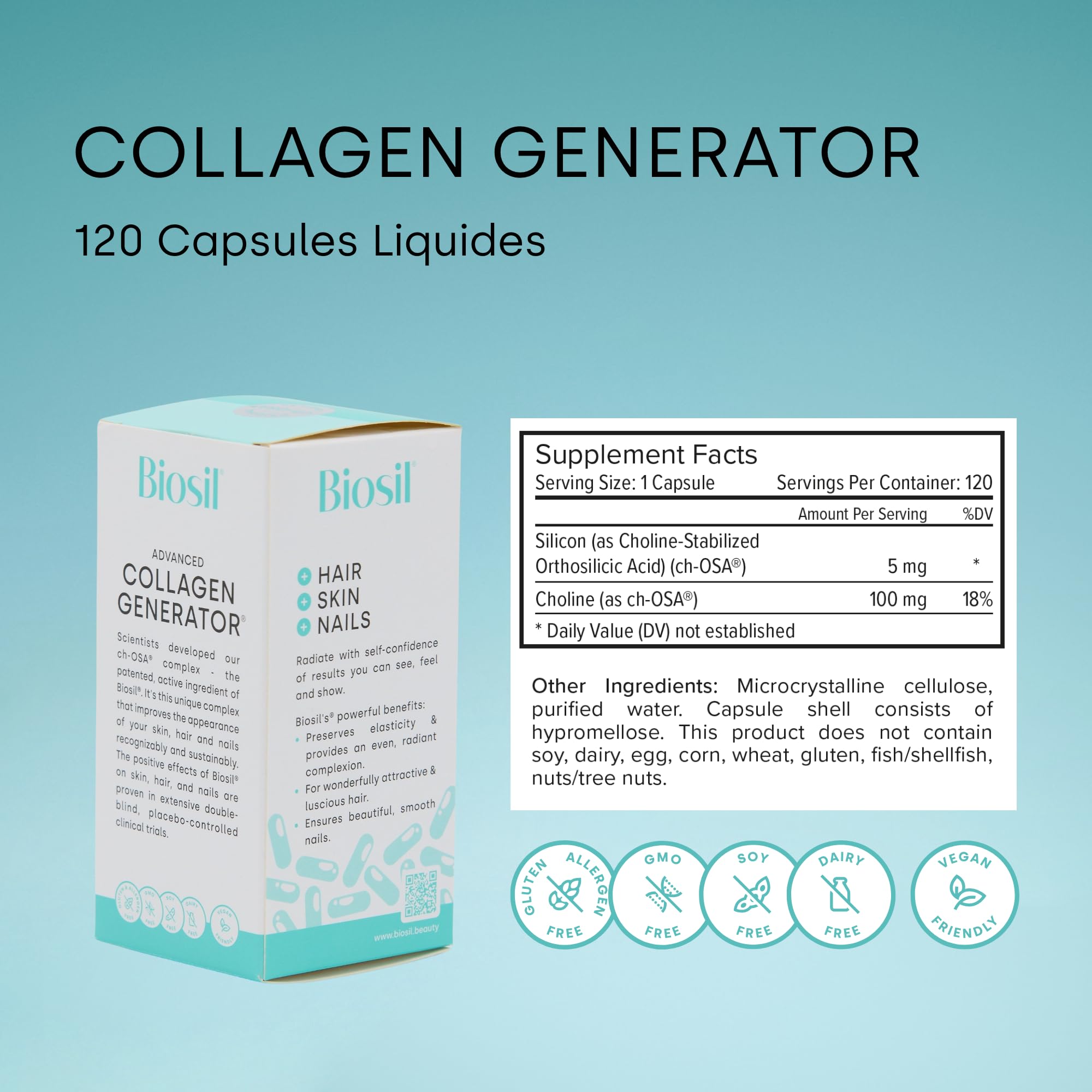 Biosil Collagen Generator - 120 capsules liquides | Avec le complexe breveté ch-OSA - génère et protège votre propre collagène - Sans OGM - Approvisionnement pour 60 jours