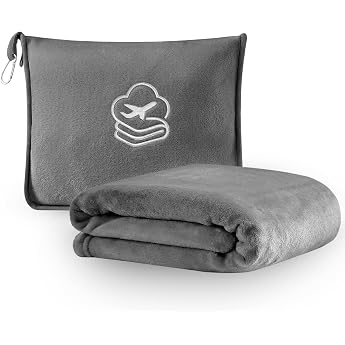 Travel Blanket Soft 2-in-1 Aeroplane Blanket 165 x 100 cm for Aeroplane & Car Cushion Blanket with Luggage Cover & Backpack Clip Light Grey