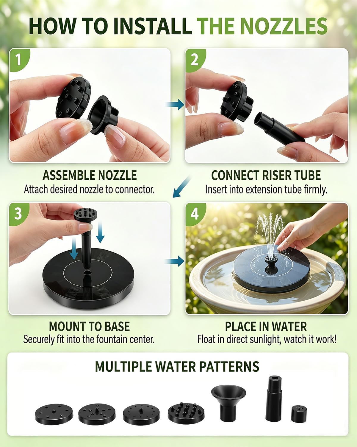 Solar Water Fountain Pump with 7 Spray Nozzles, Solar Powered Water Fountain Floating Pump for Bird Bath, Pond & Garden Decoration, Eco-Friendly Solar Fountain, No Electricity Required — view 6