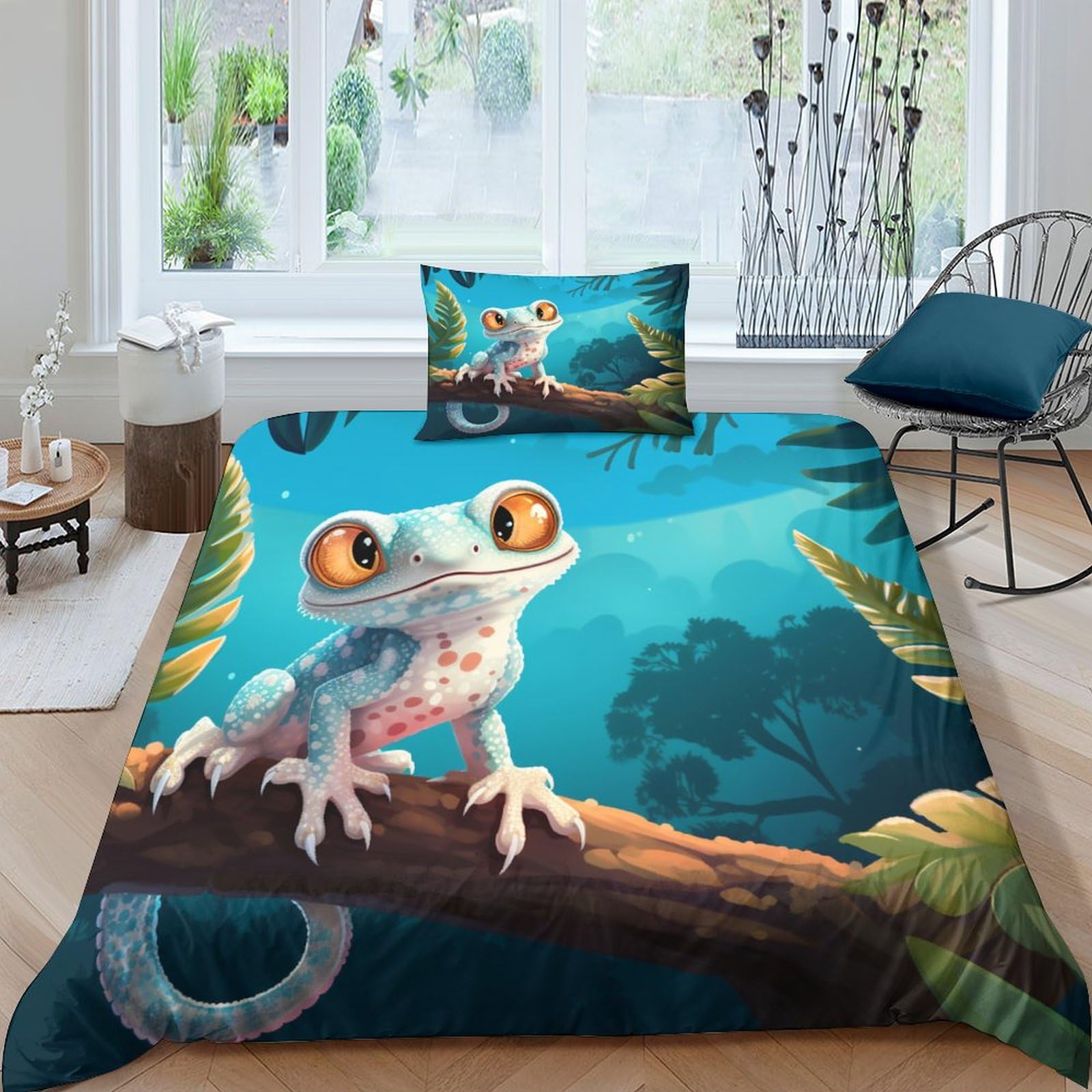 Housse de couette 135x200cm gecko 3D literie microfibre respirante taie d'oreiller